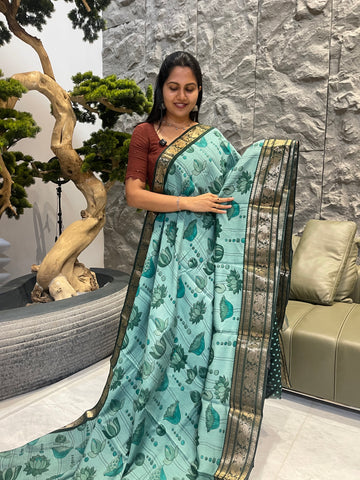 Aqua blue with green mangalgiri silk saree