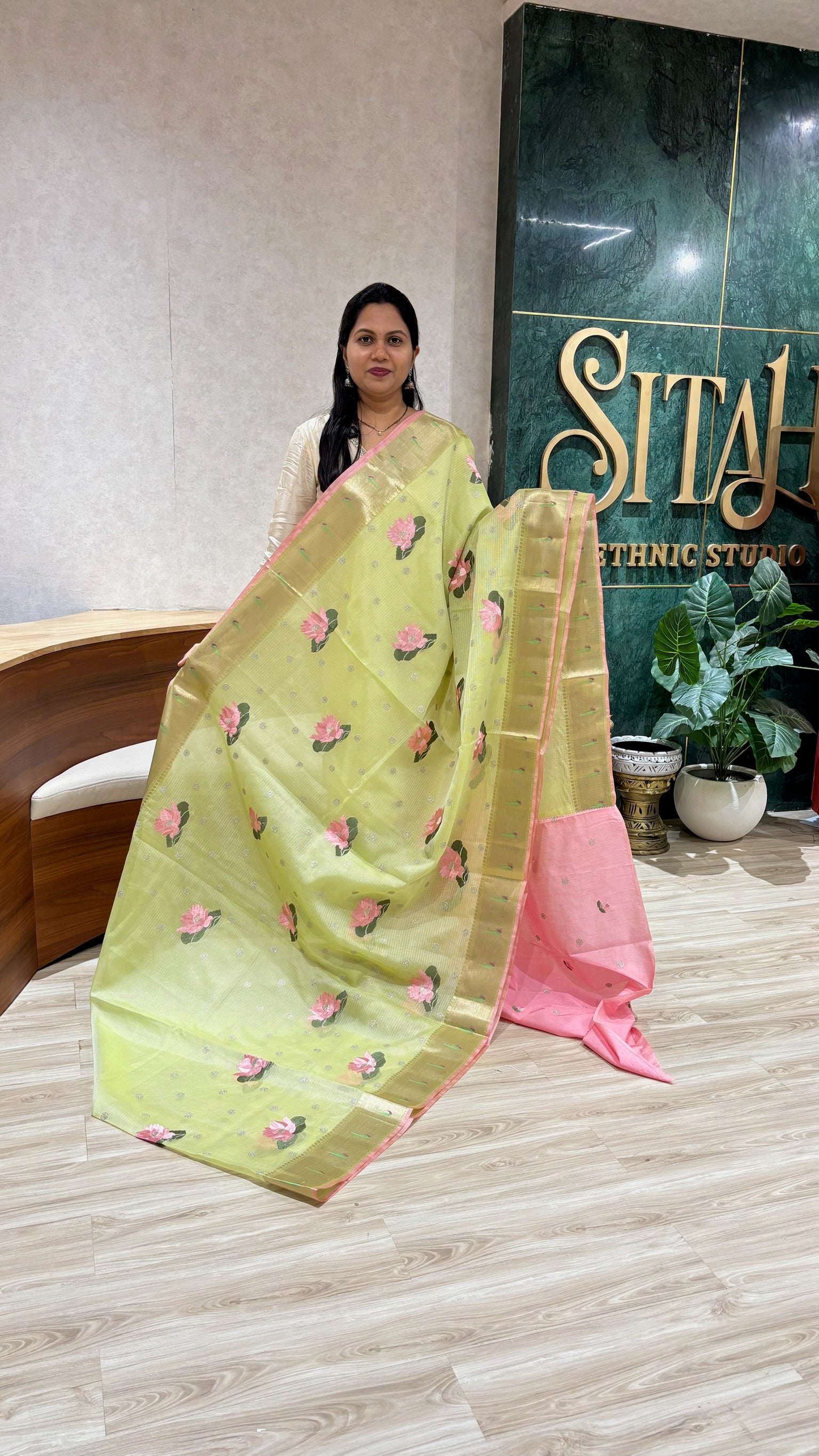 Kota silk embroidery parrot green