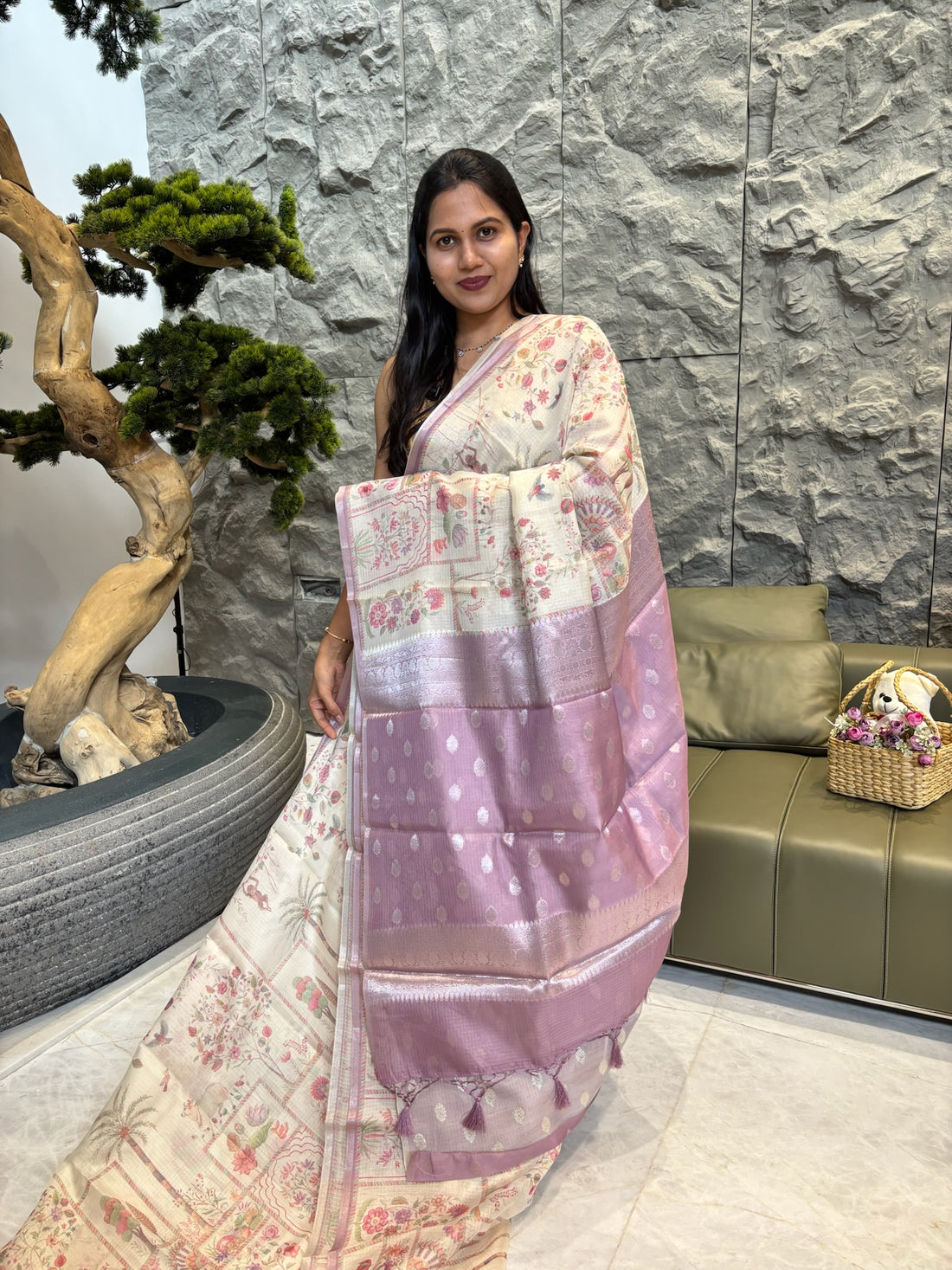 Cream lavender kota saree
