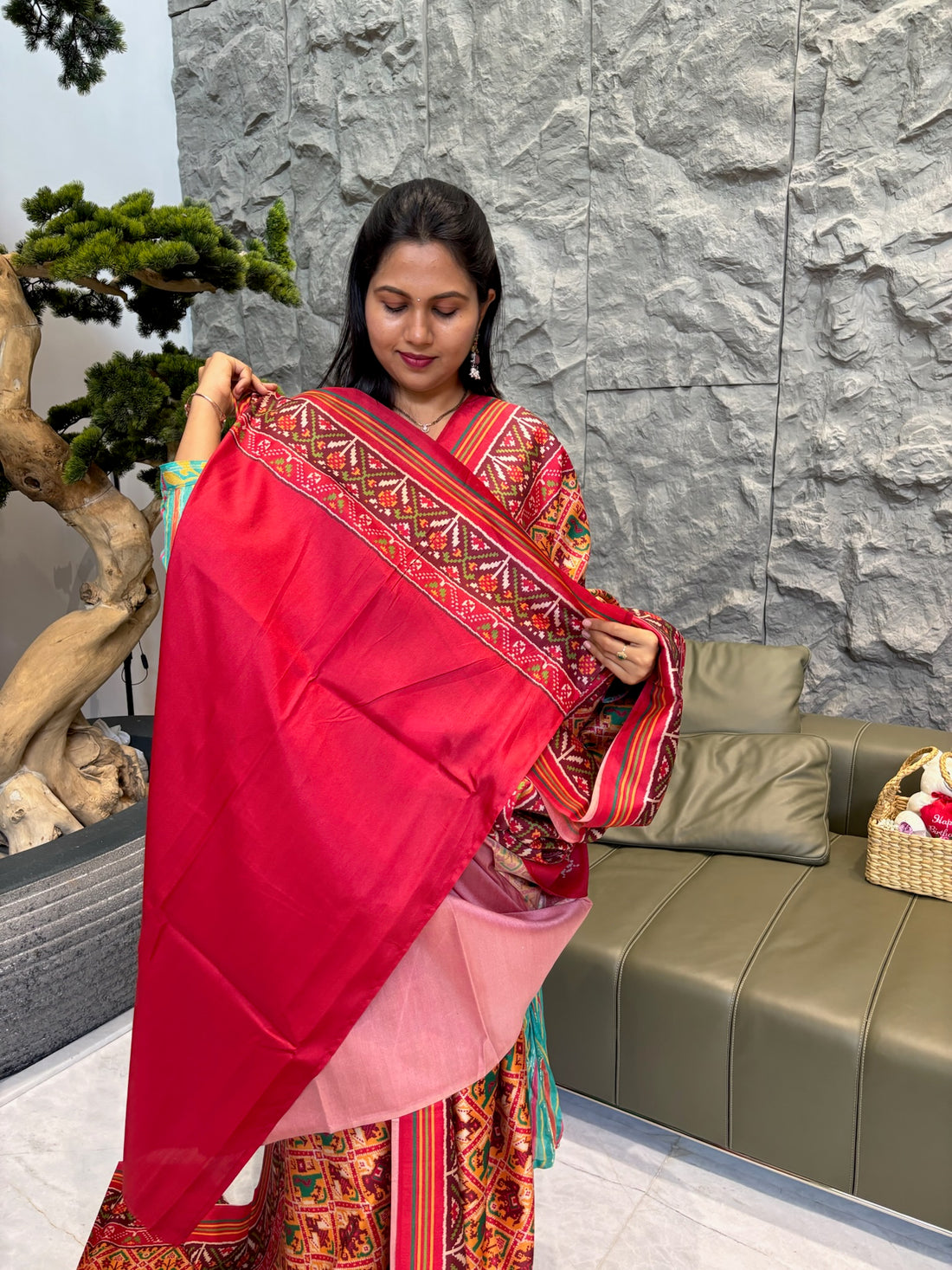 Spun patola yellow red checks pattern