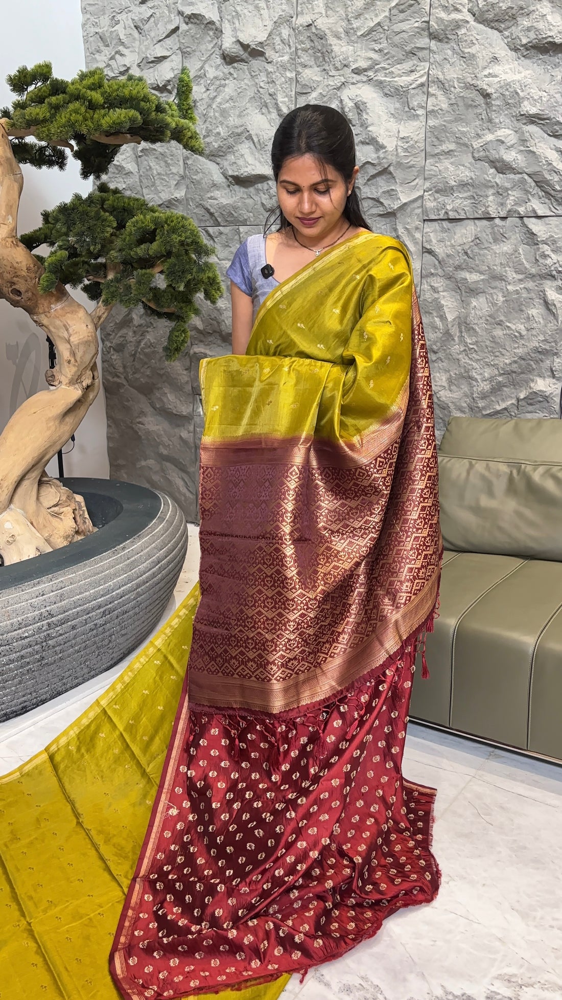 Soft pattu mehndi green -maroon