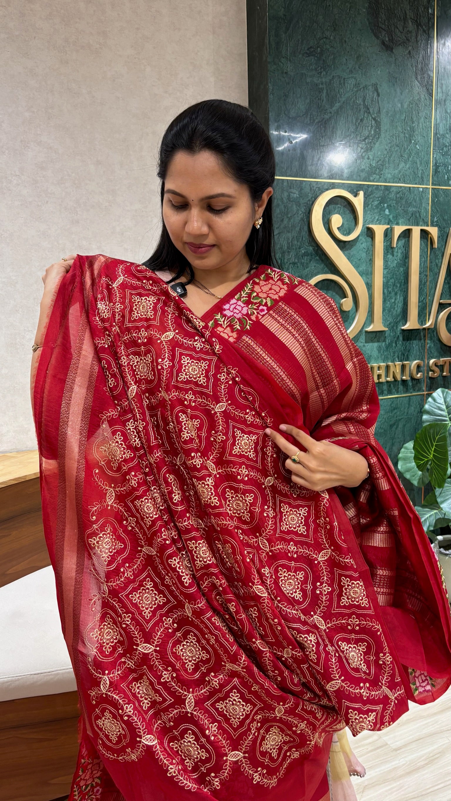 Border work saree red