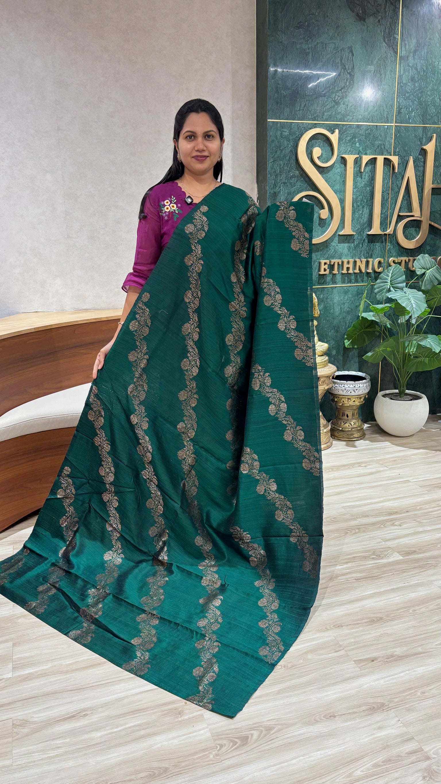 Raw silk pattu bottle green