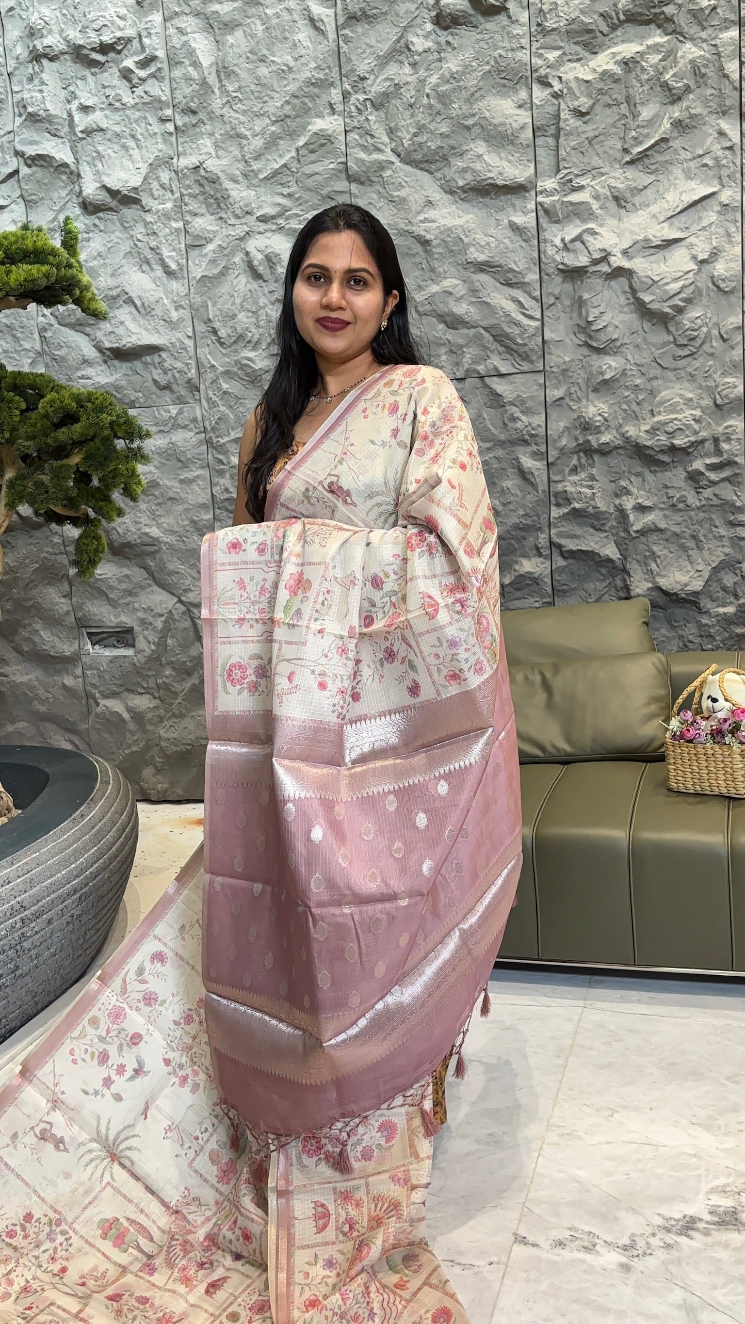 Cream pink kota saree