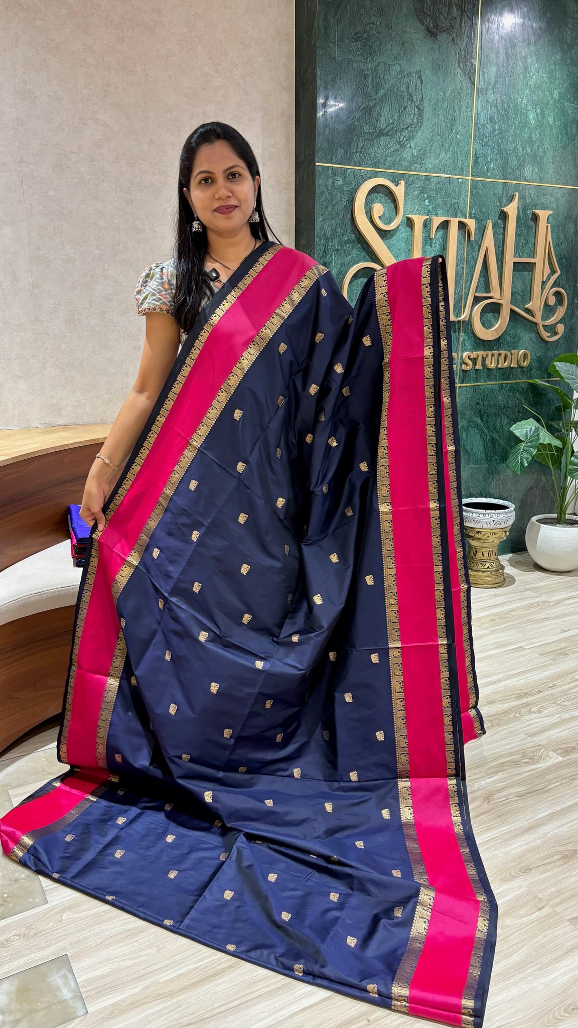 Semi pattu navy blue-pink