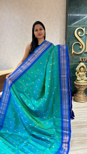 Handloom gdwal pattu green+blue mix