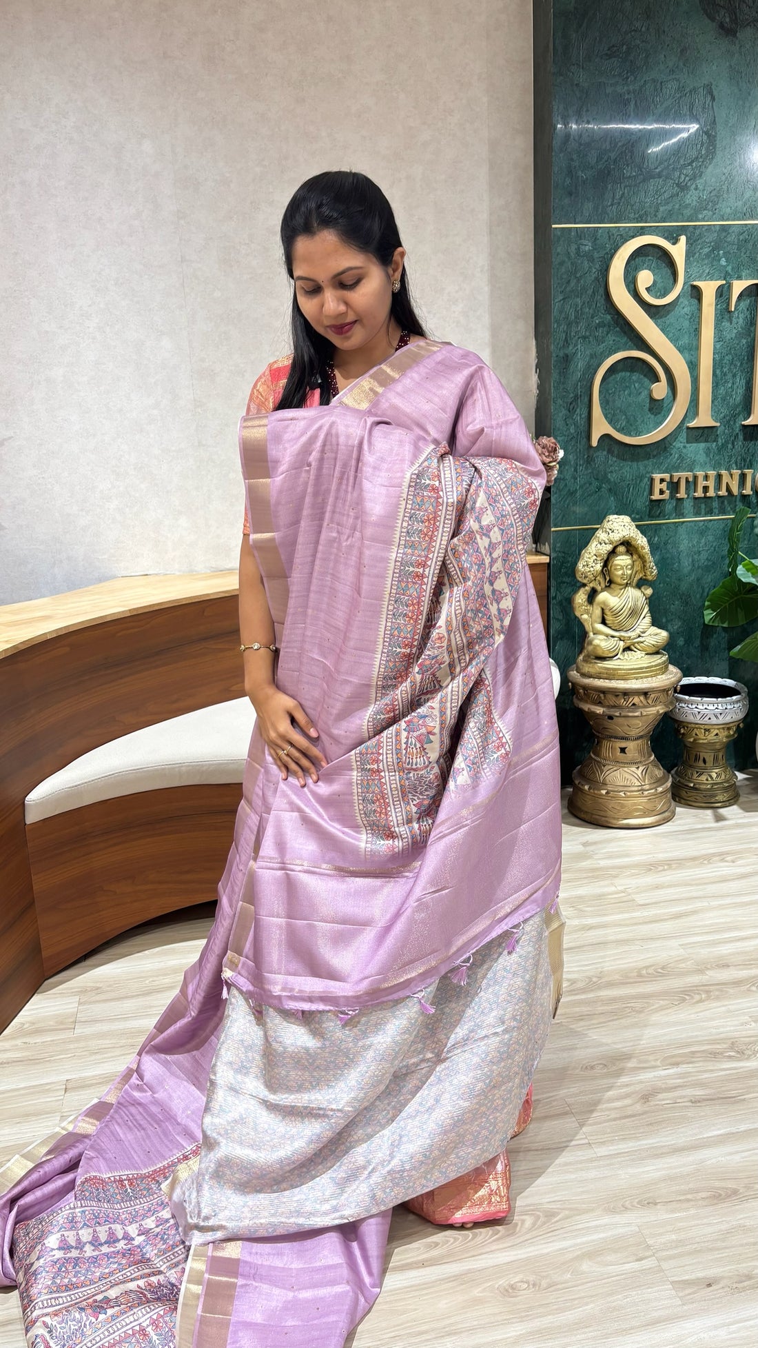 Madhubani printed tussur saree onion pink