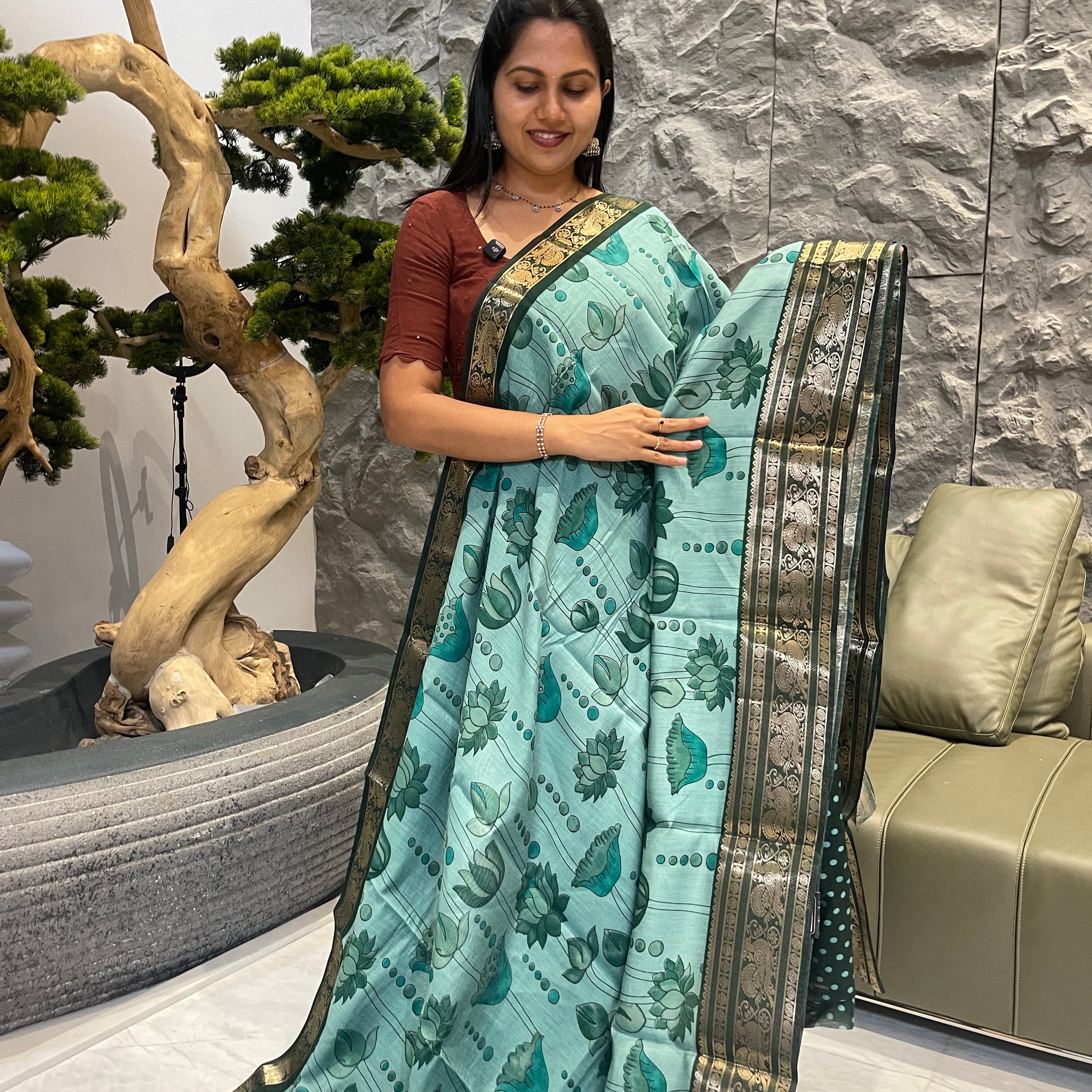 Aqua blue with green mangalgiri silk saree