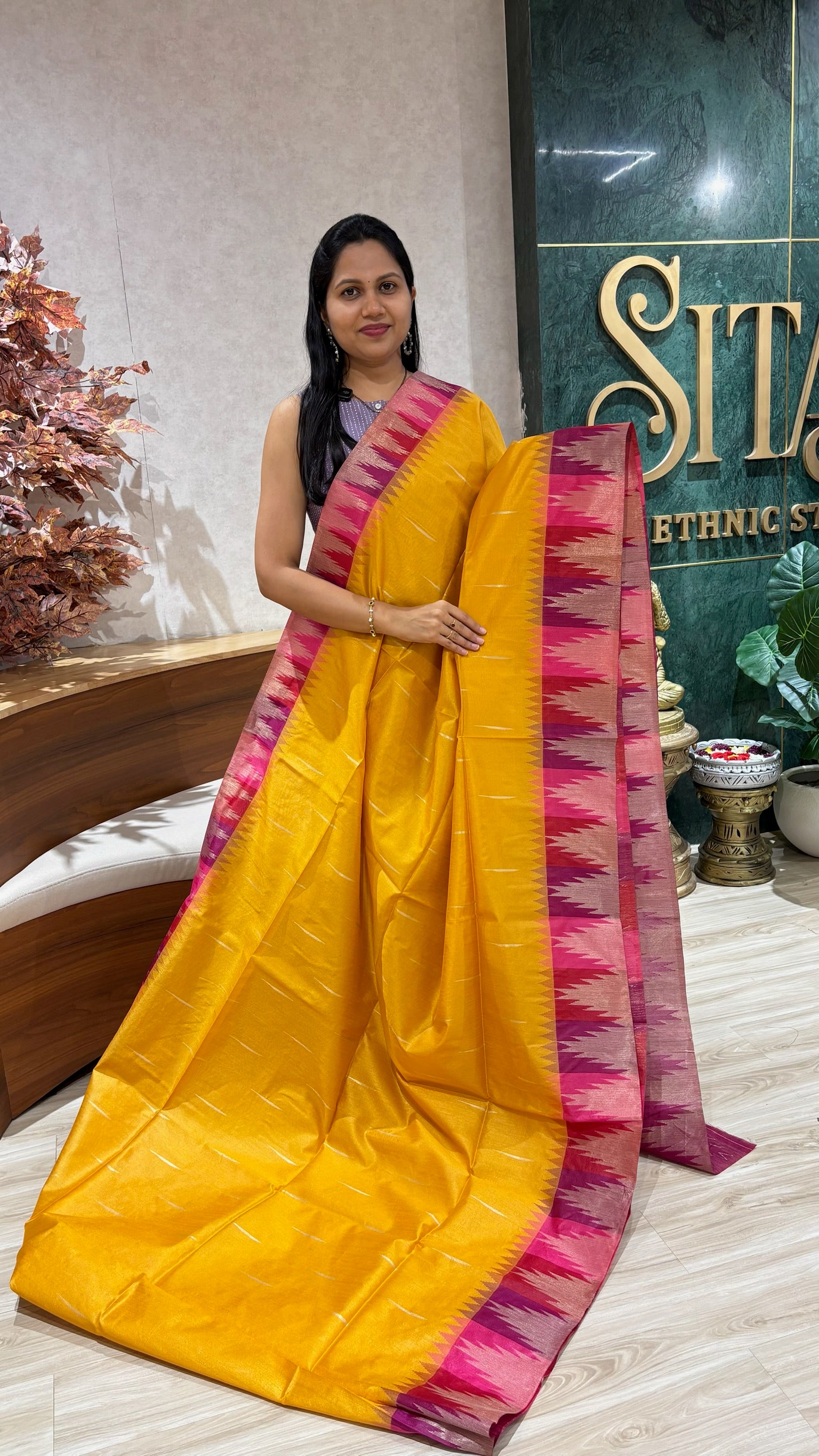 Fancy tussar temple border yellow