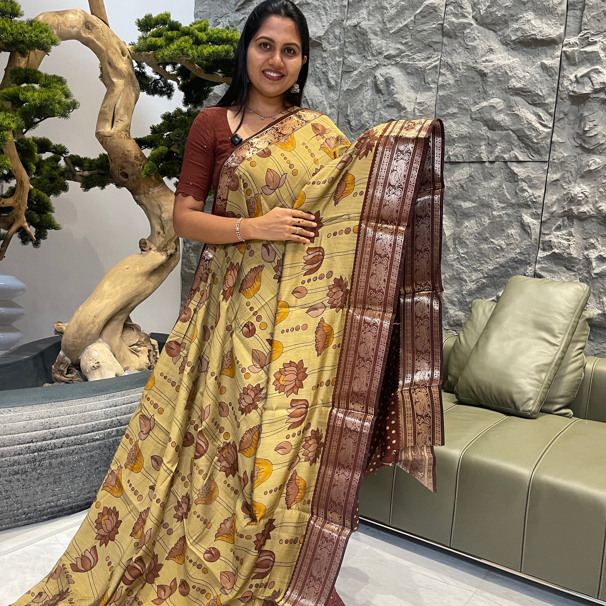 Yellow with brown Managalagiri silk saree