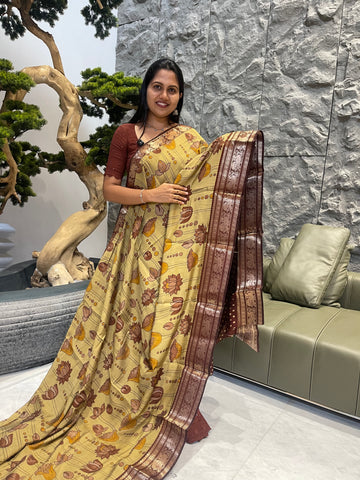 Yellow with brown Managalagiri silk saree