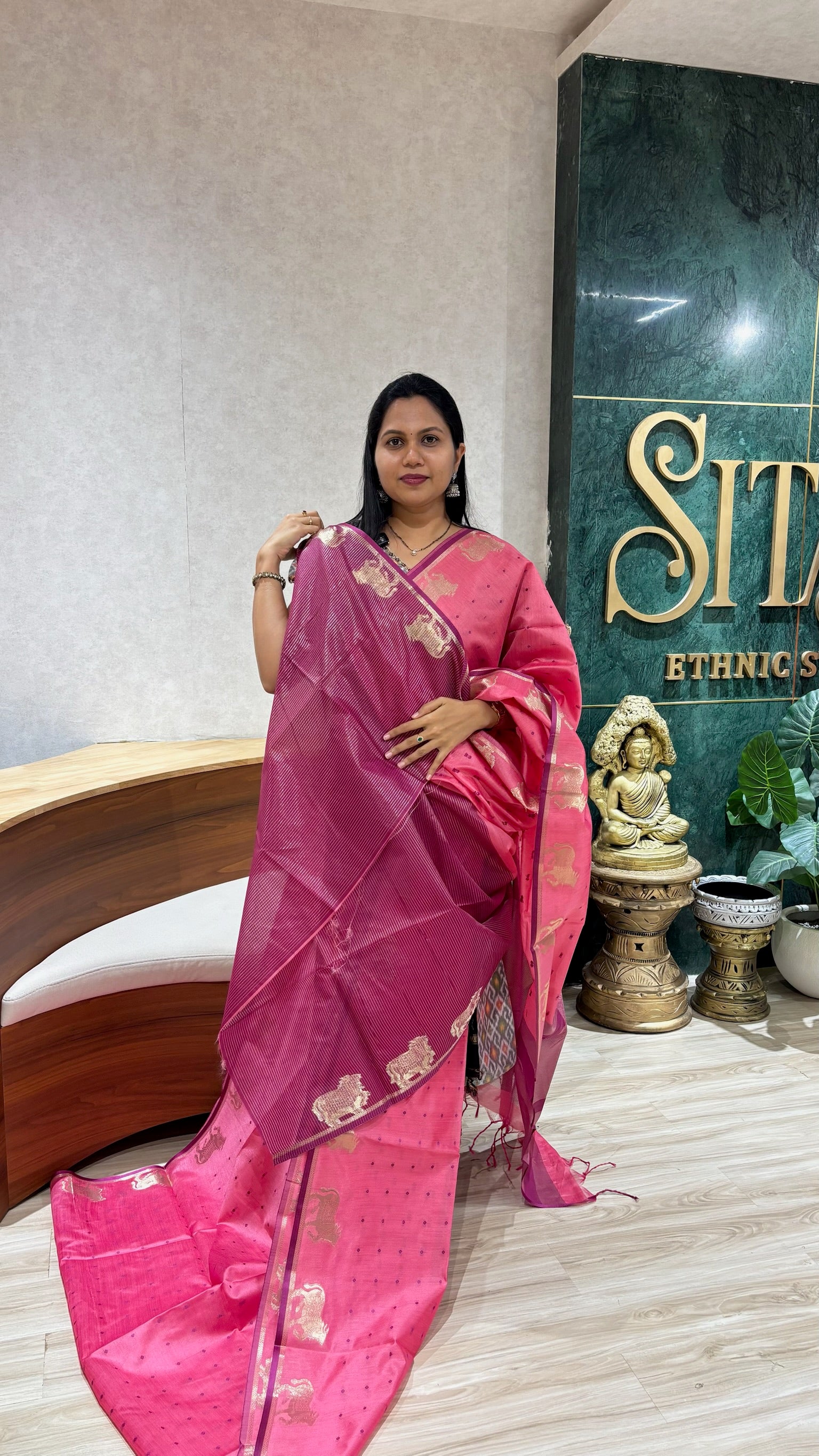 Tussar design cow buti-pink