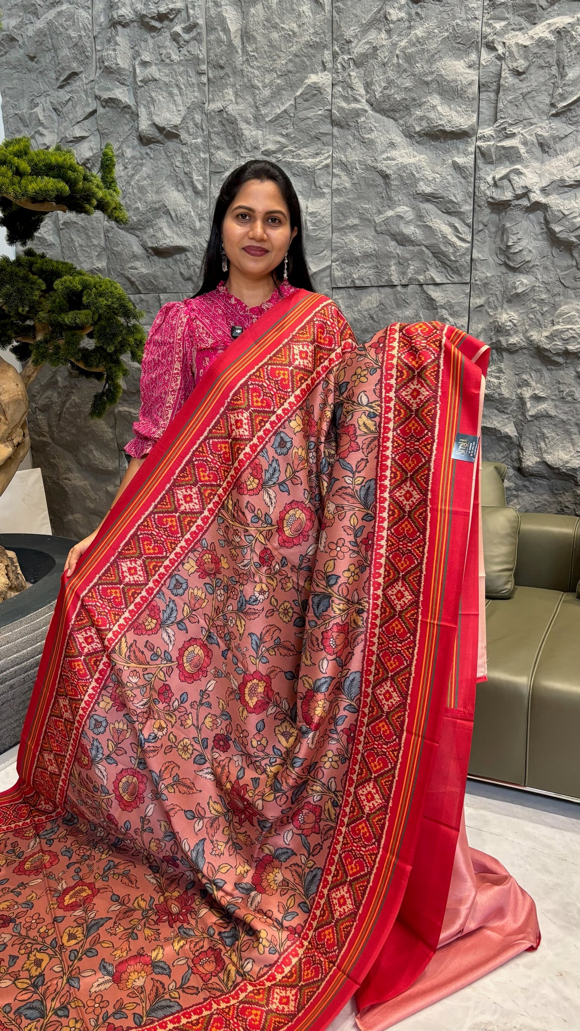 Tussar kalamkari Patola peach