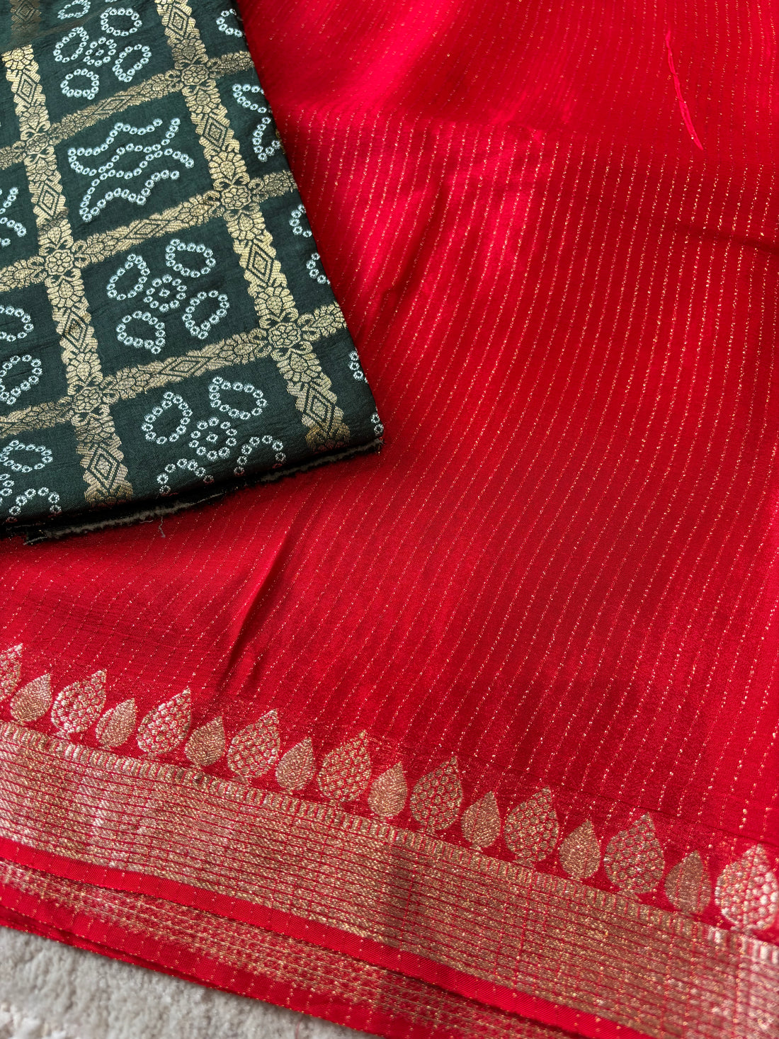 Red georgette green bandhini