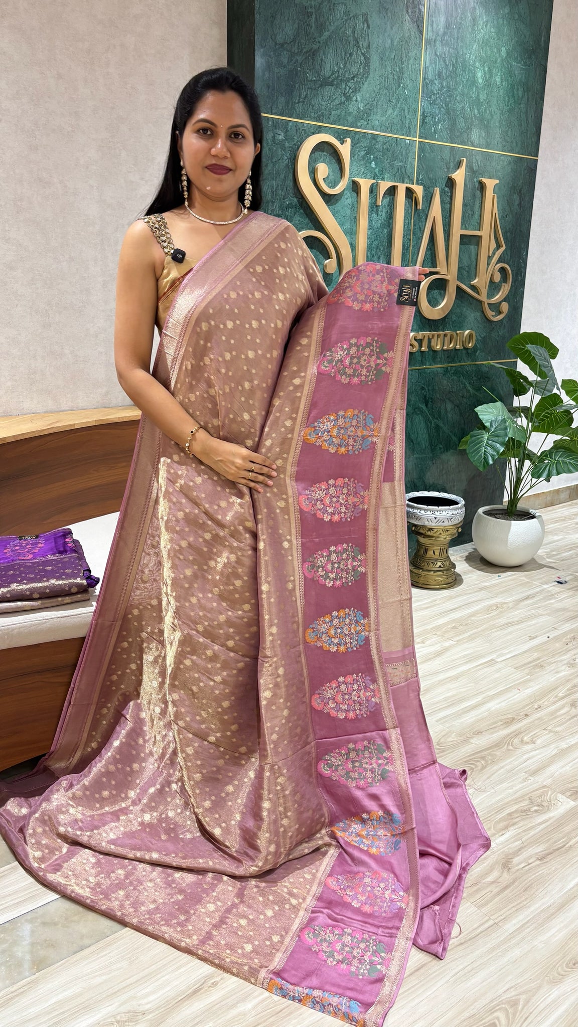 Banaras tissue mashru borders pastel pink