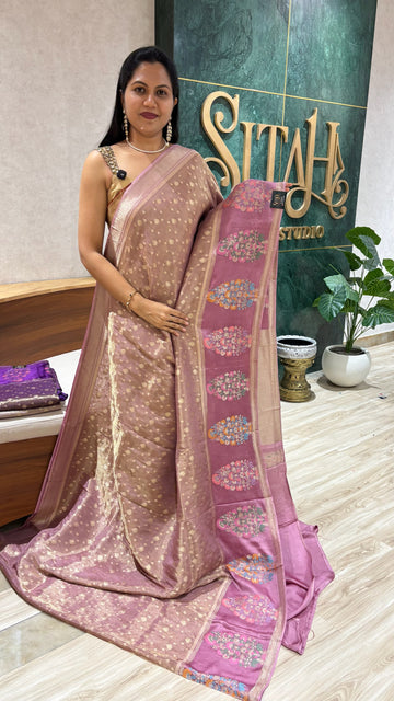 Banaras tissue mashru borders pastel pink