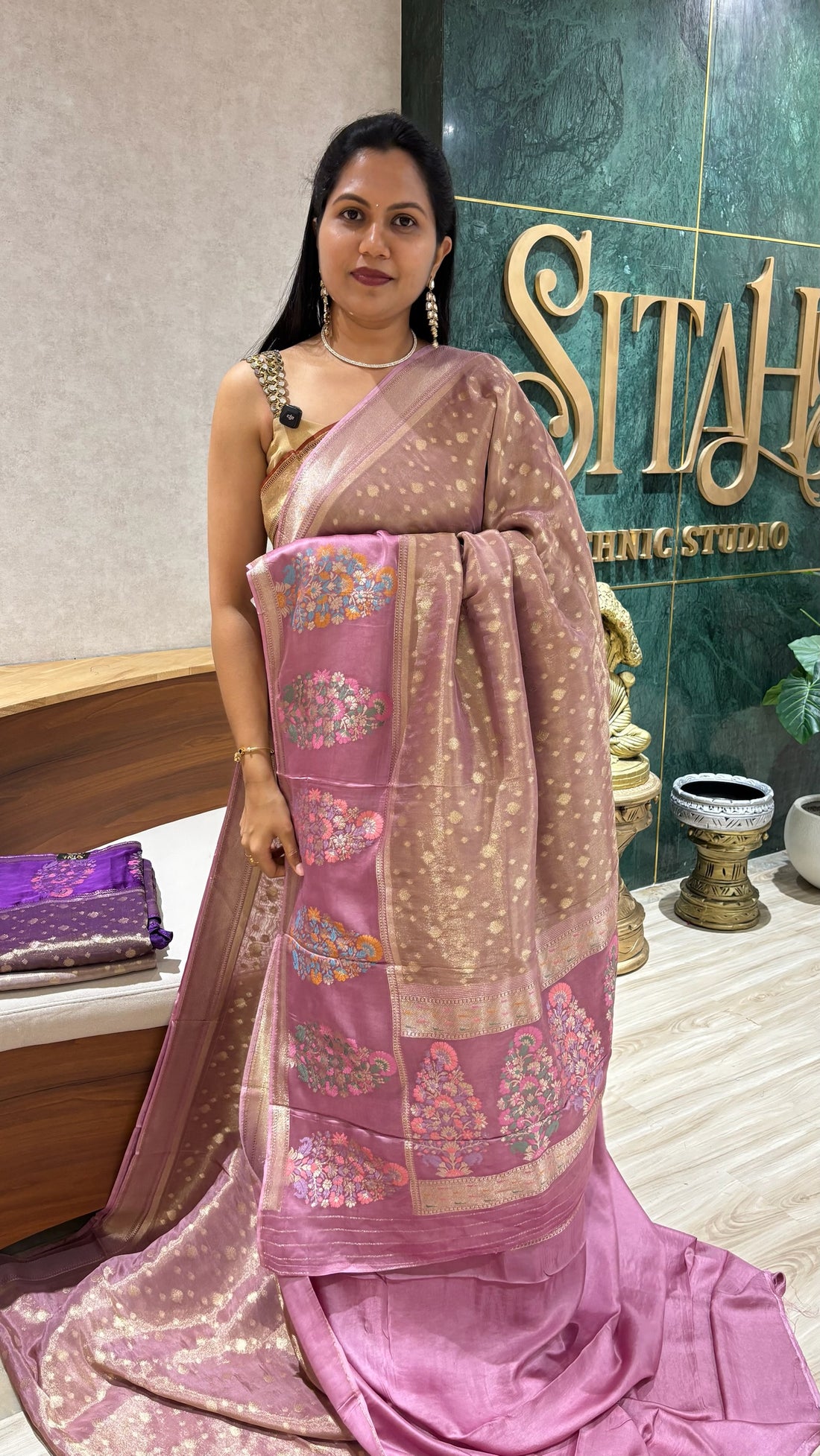 Banaras tissue mashru borders pastel pink