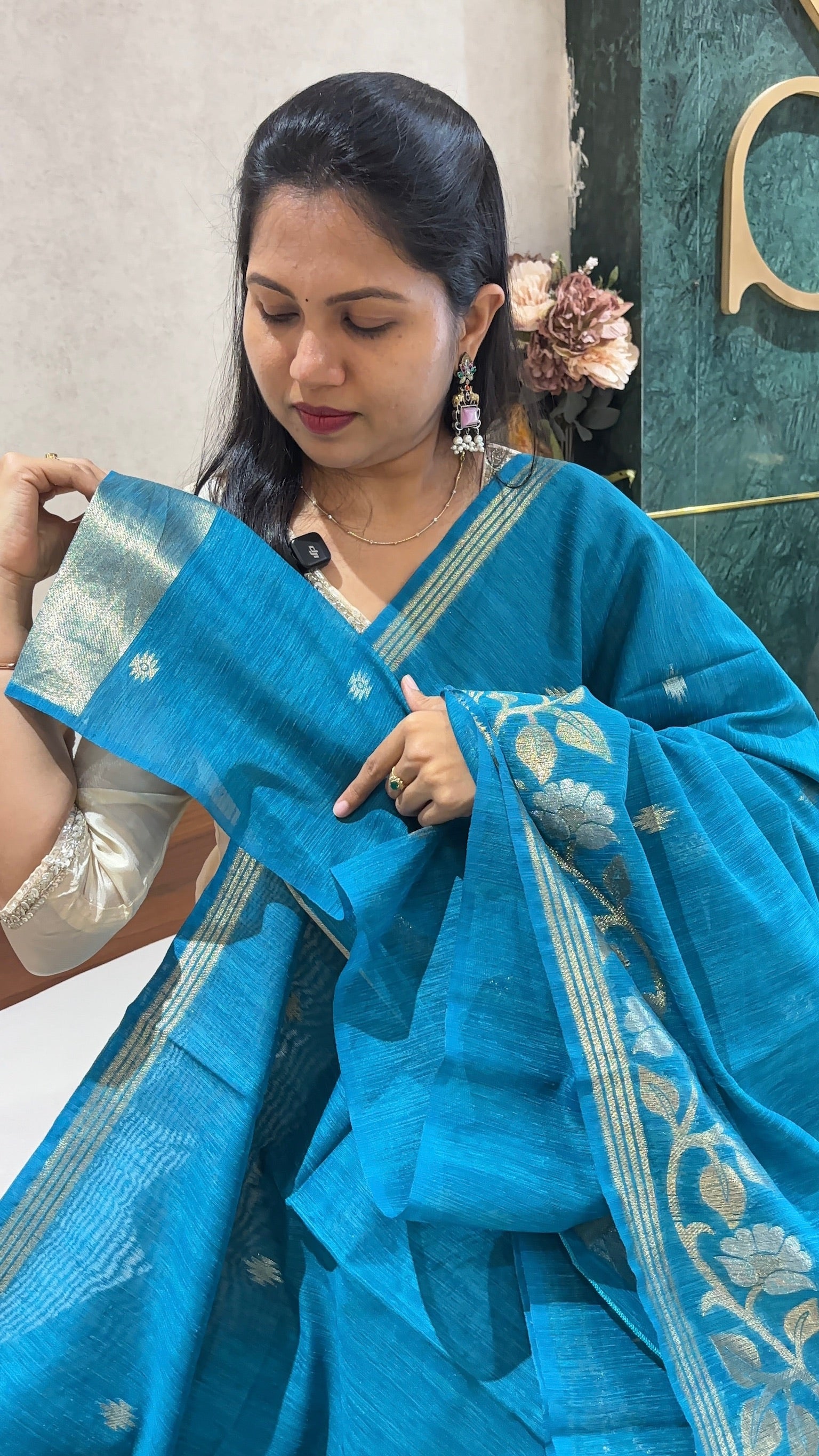 Linen tussar jhamdani rama blue