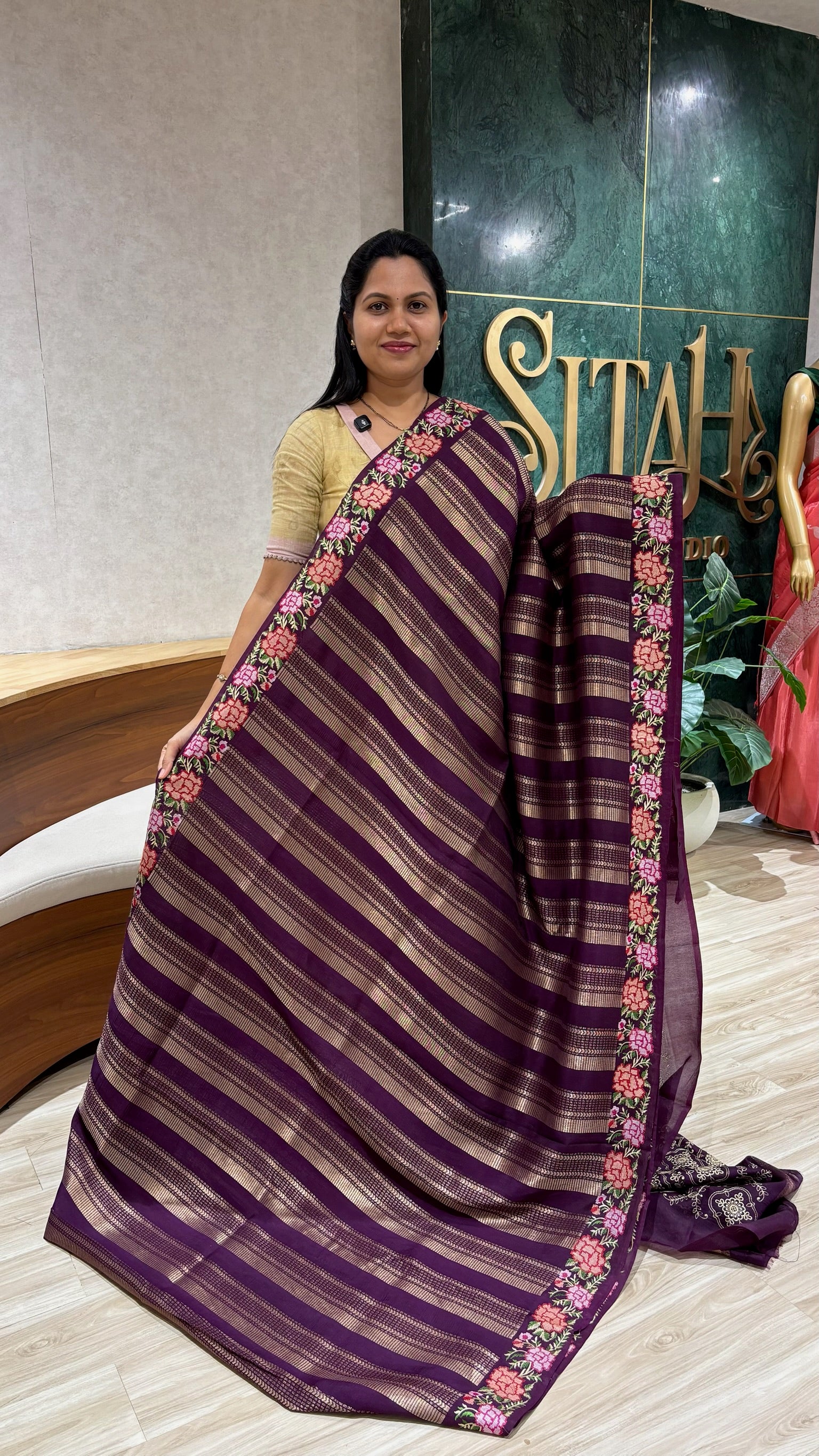 Border work saree wine