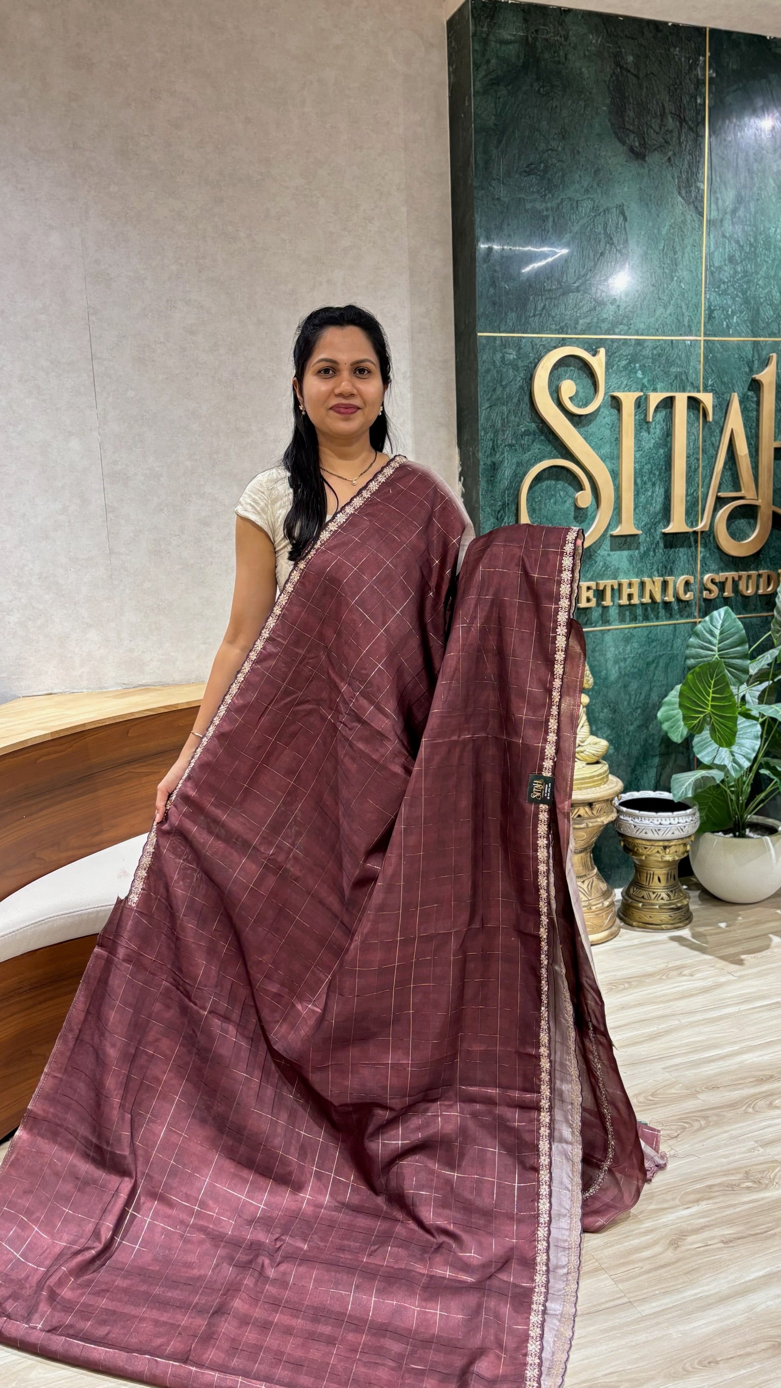 Fancy tussar embroidery border brown