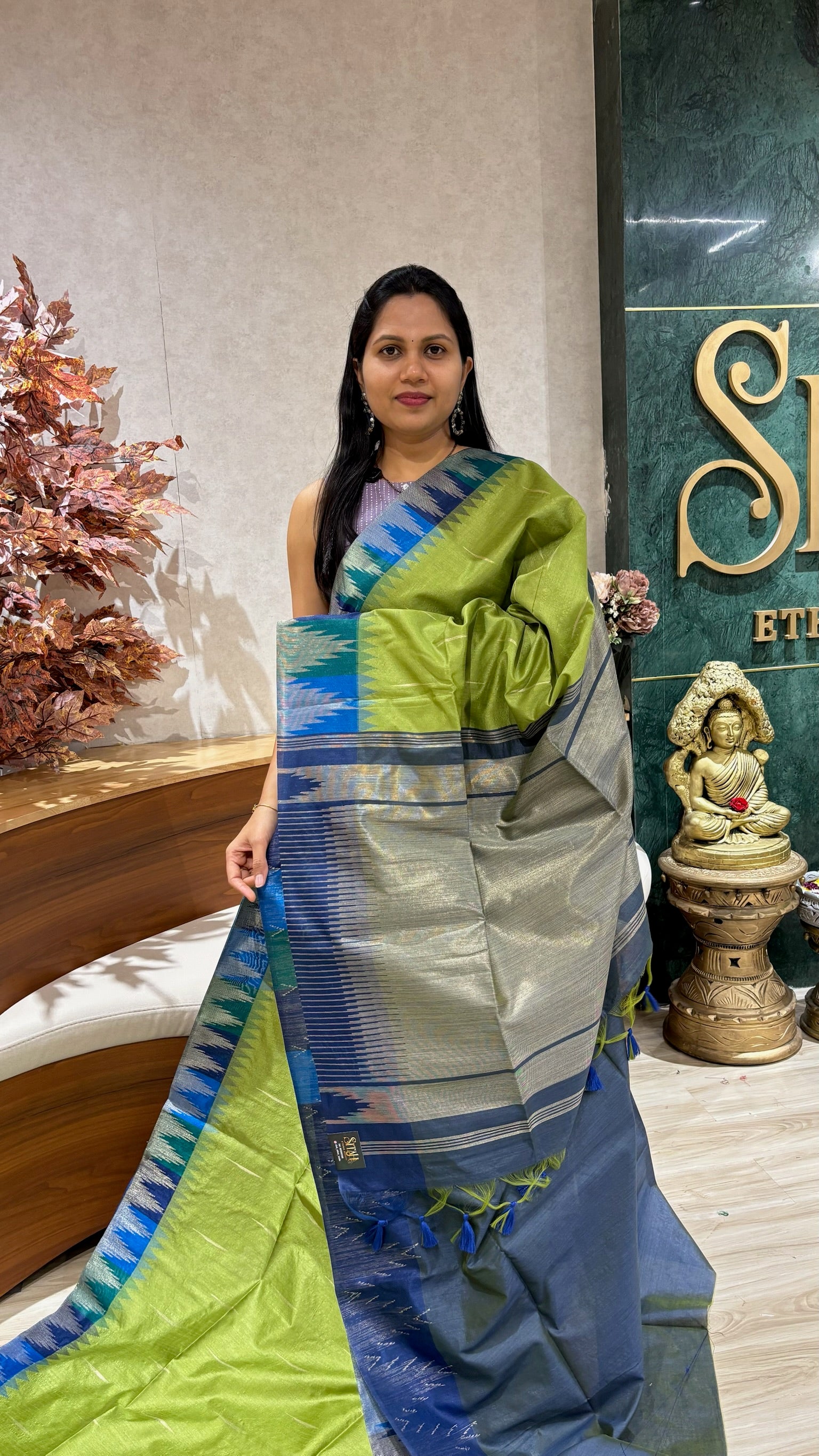 Fancy tussar temple border green