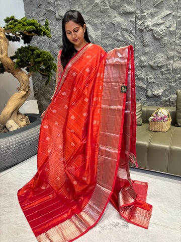 Pure handloom mangalgiri pattu red orange mix