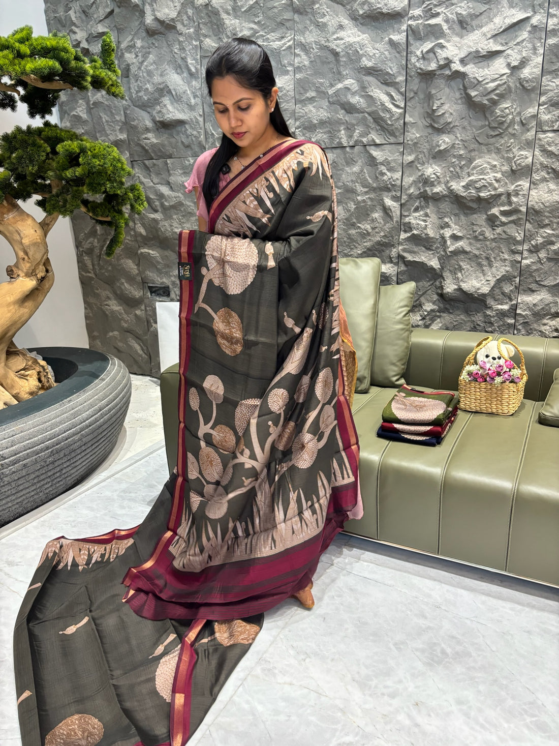 Grey+green fancy saree