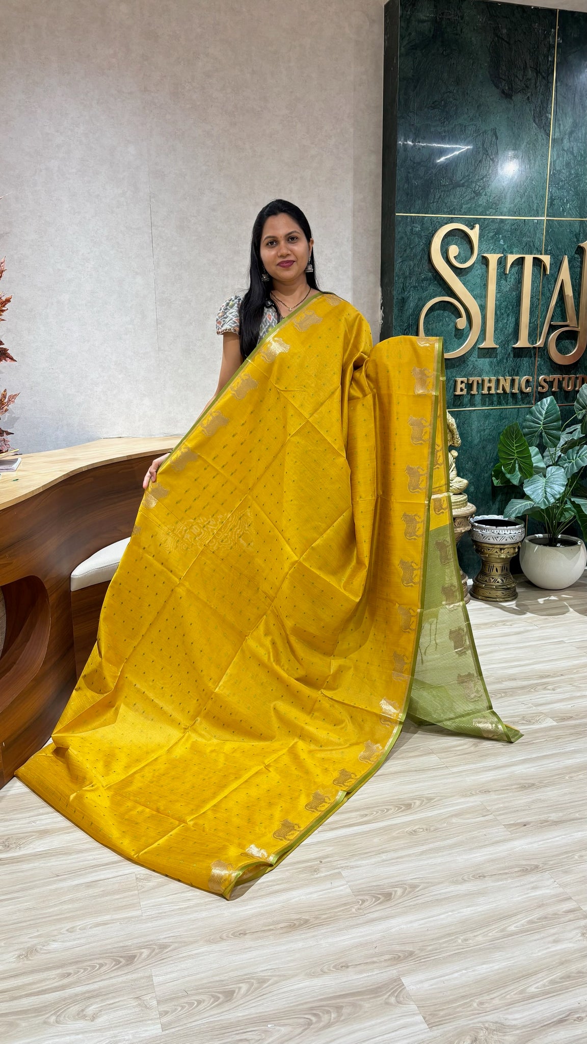 Tussar design cow buti -yellow