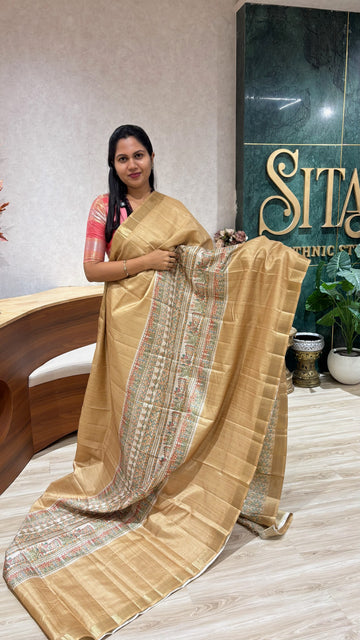 Madhubani printed tussur saree golden yellow