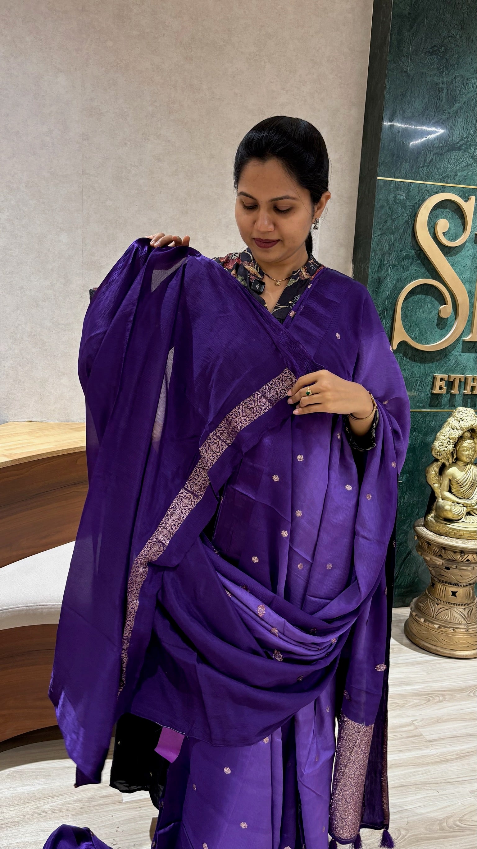 Pure chinnon saree purple