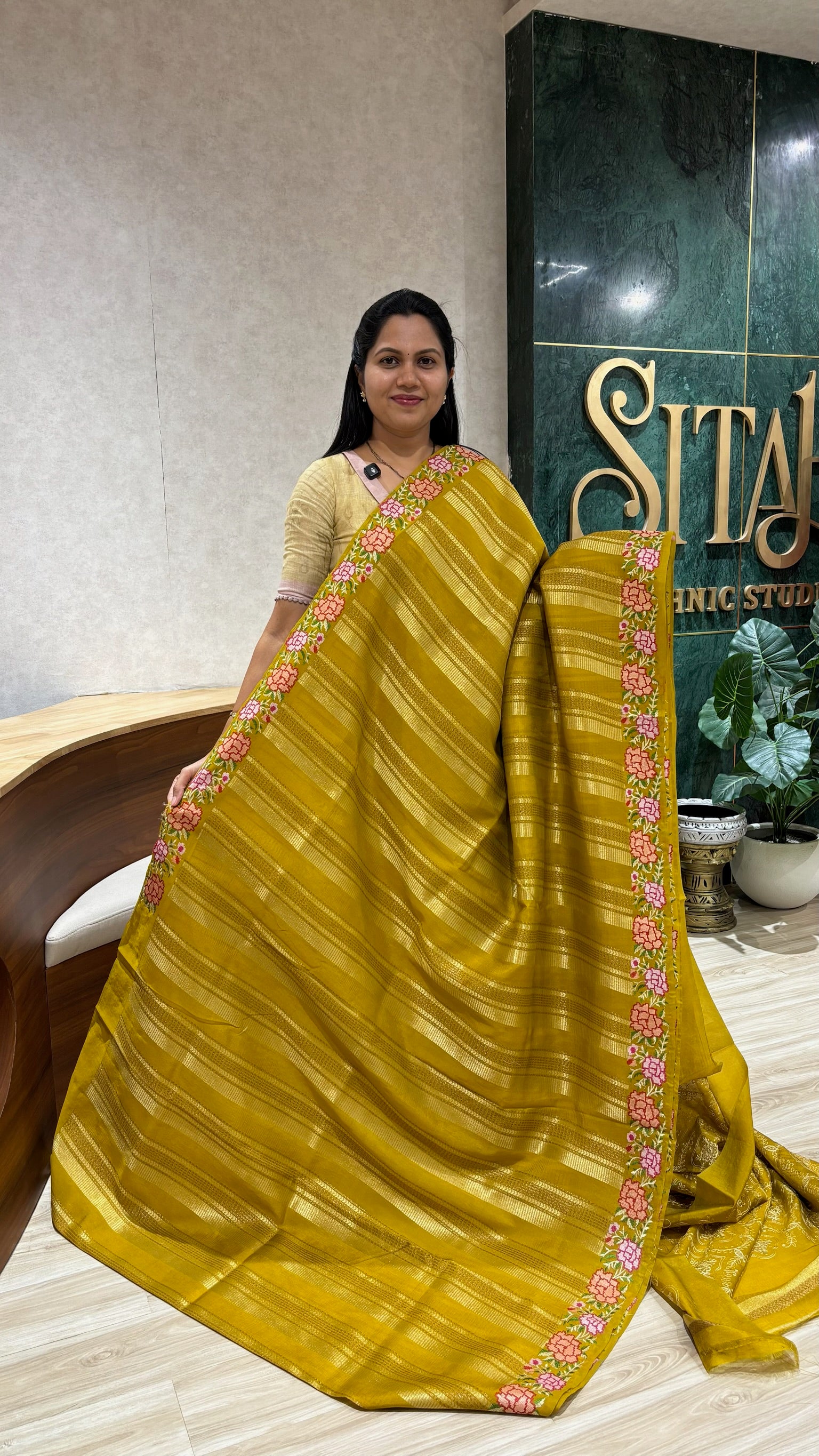 Border work saree methi yellow