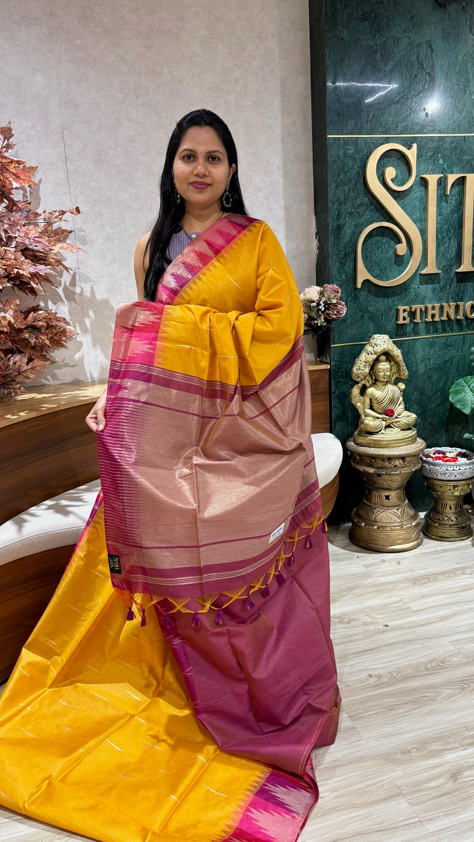 Fancy tussar temple border yellow