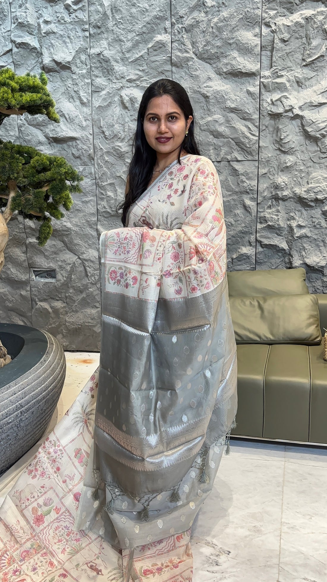 Cream grey kota saree
