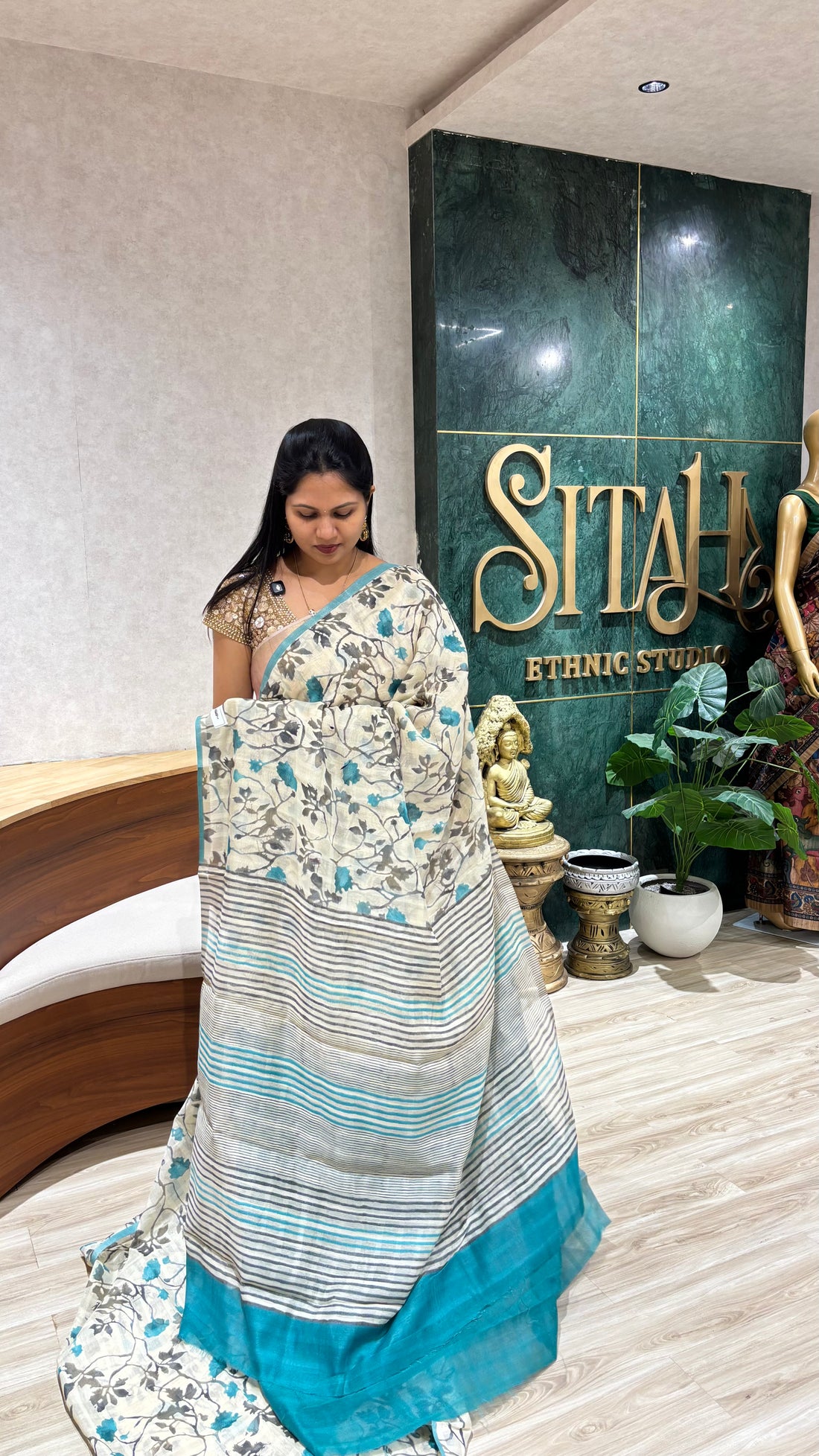 Casual printed tussar saree sea green