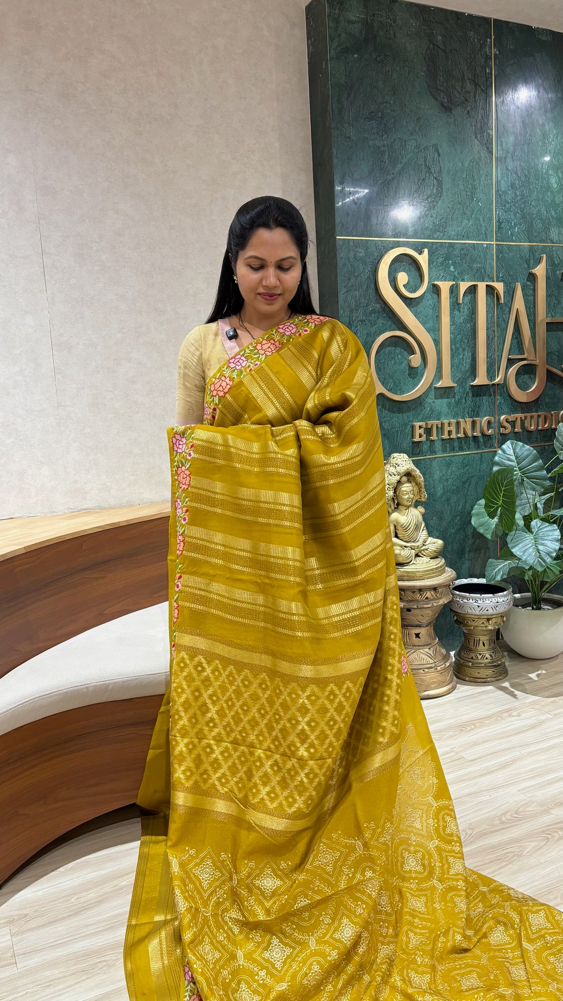 Border work saree methi yellow