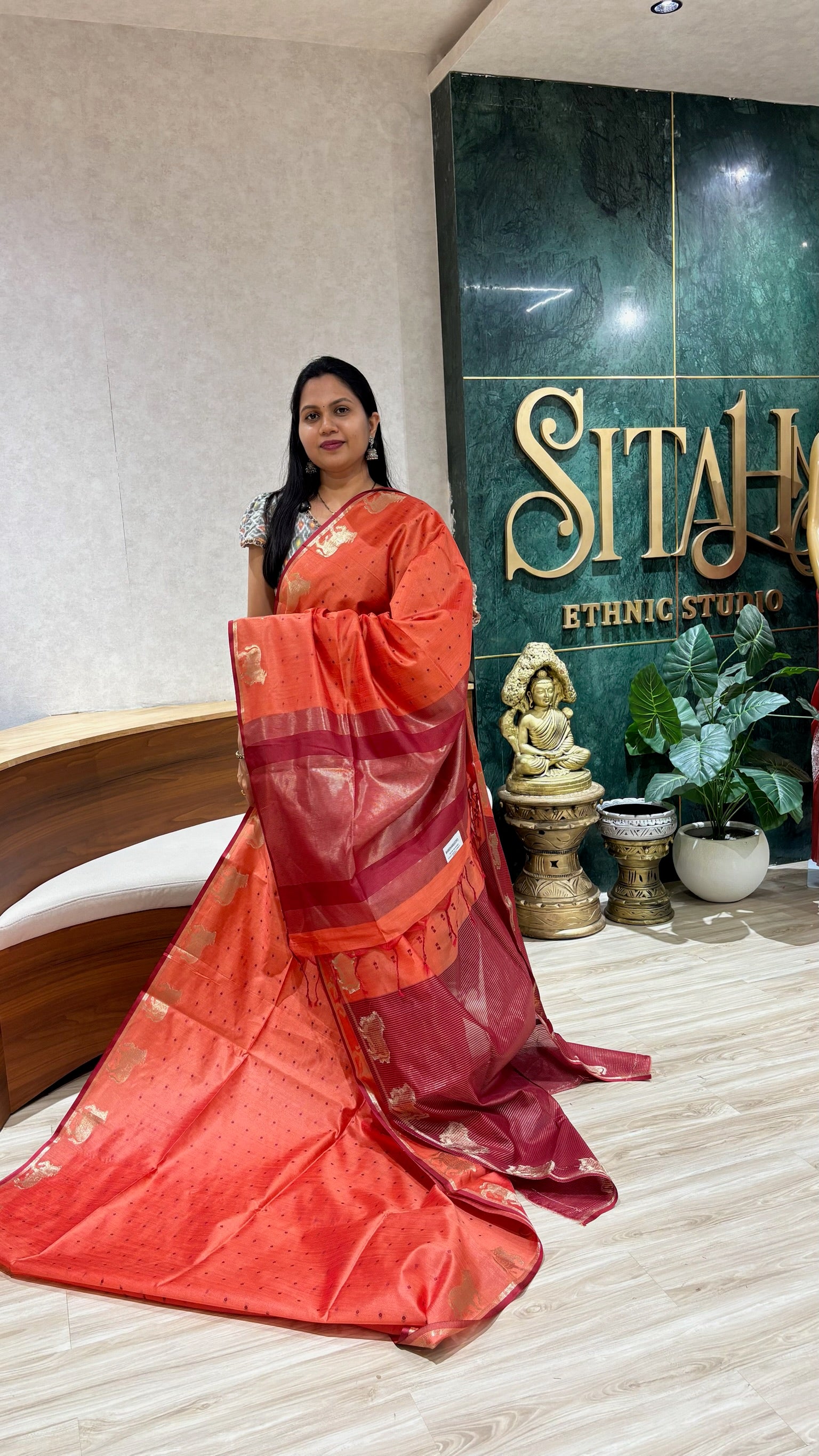 Tussar design cow buti-peach