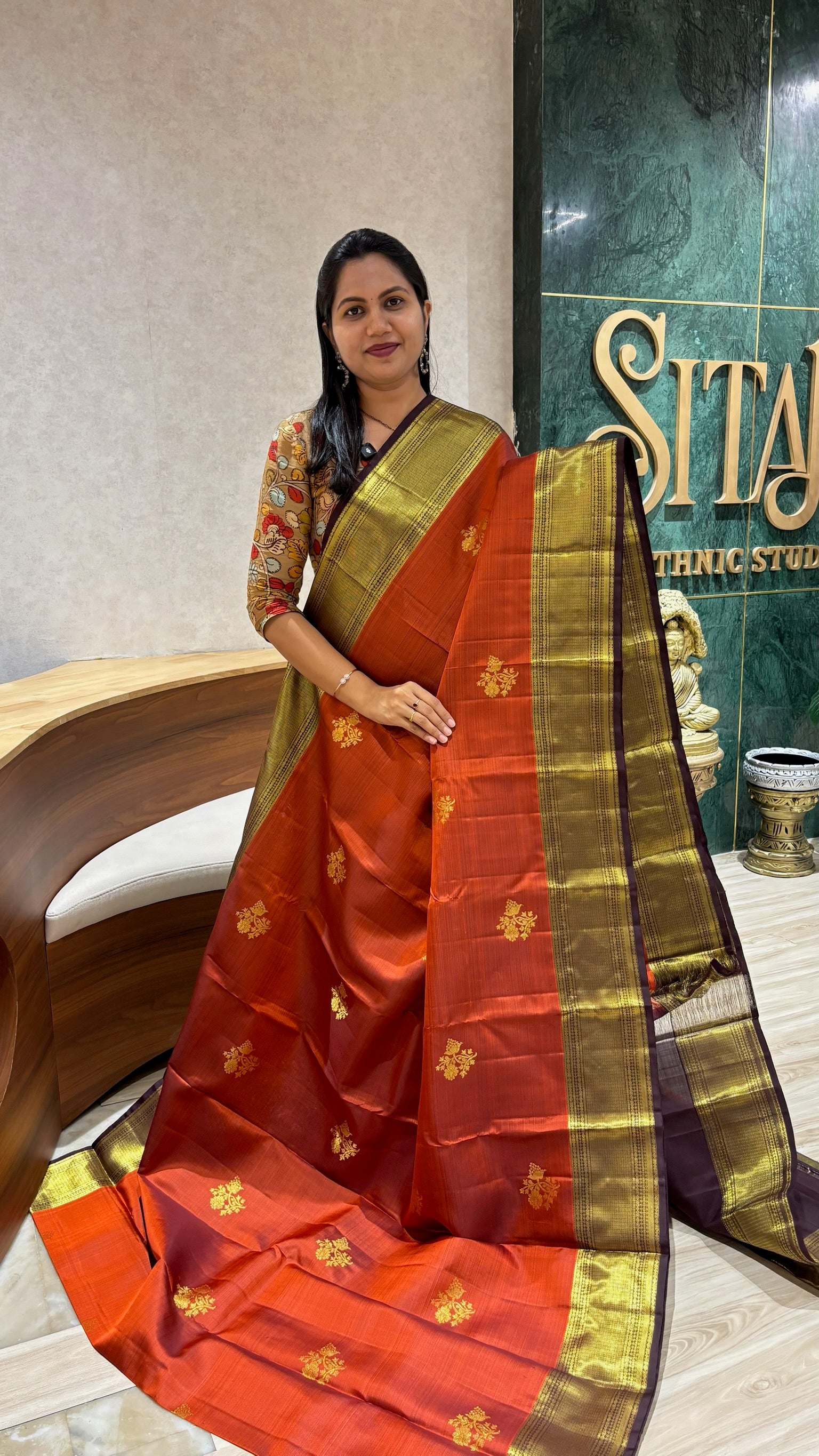 Handloom kanchi rust orange-brown