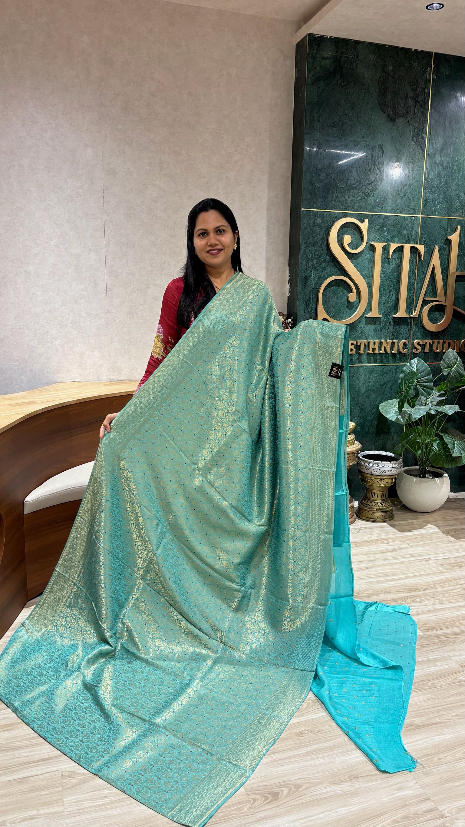 Crepe brocade silk  sea blue