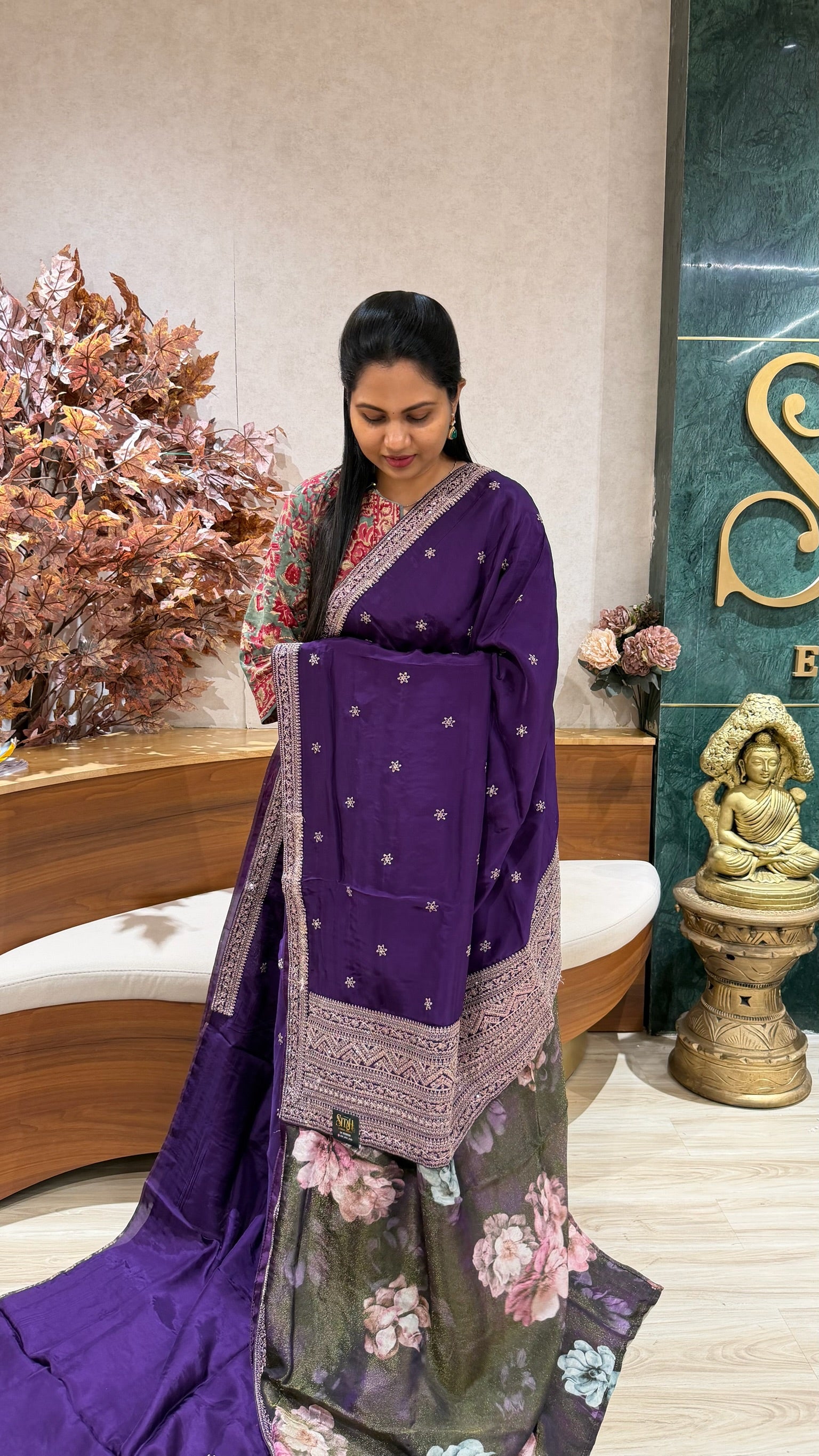Chinnon crepe work saree purple