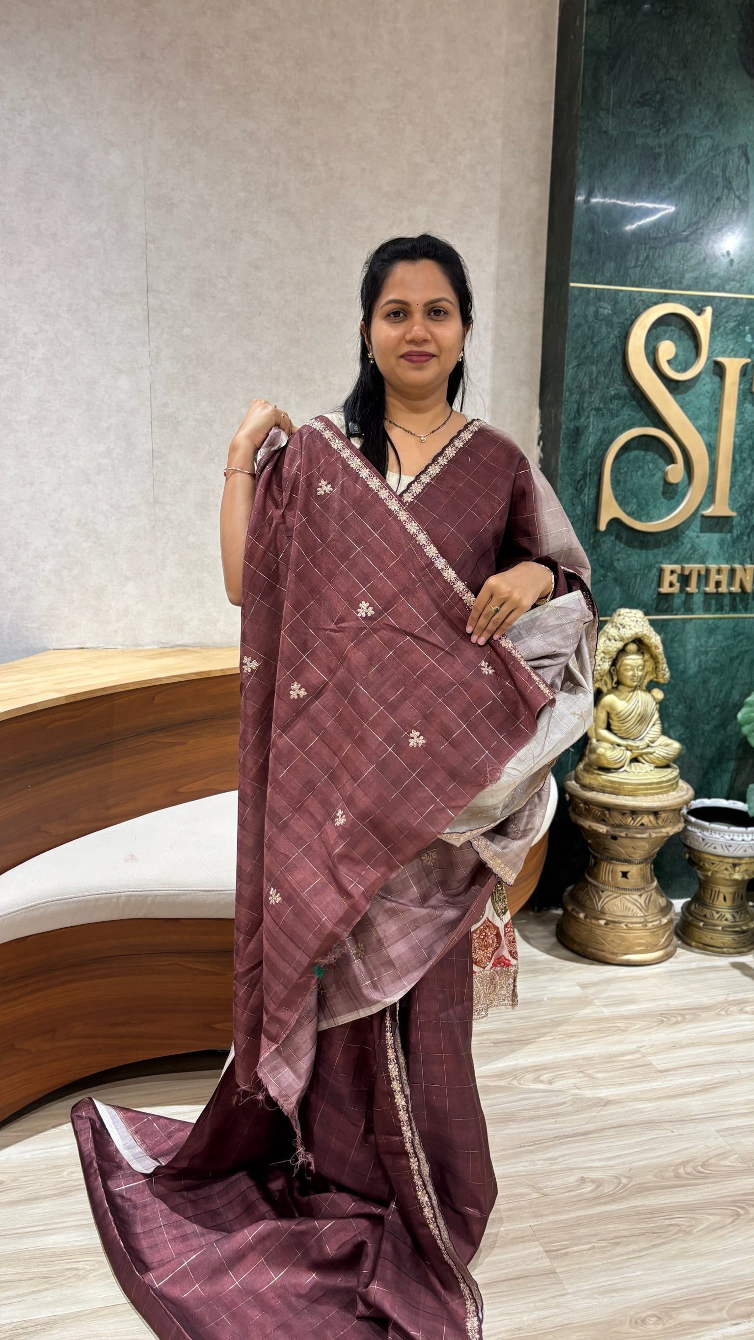 Fancy tussar embroidery border brown