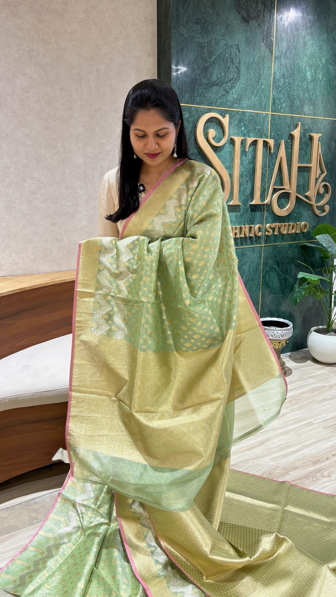 Tissue saree pista shade