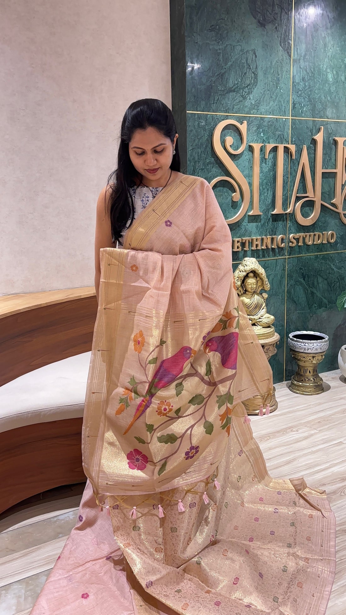 Munga cotton parrot pallu pink