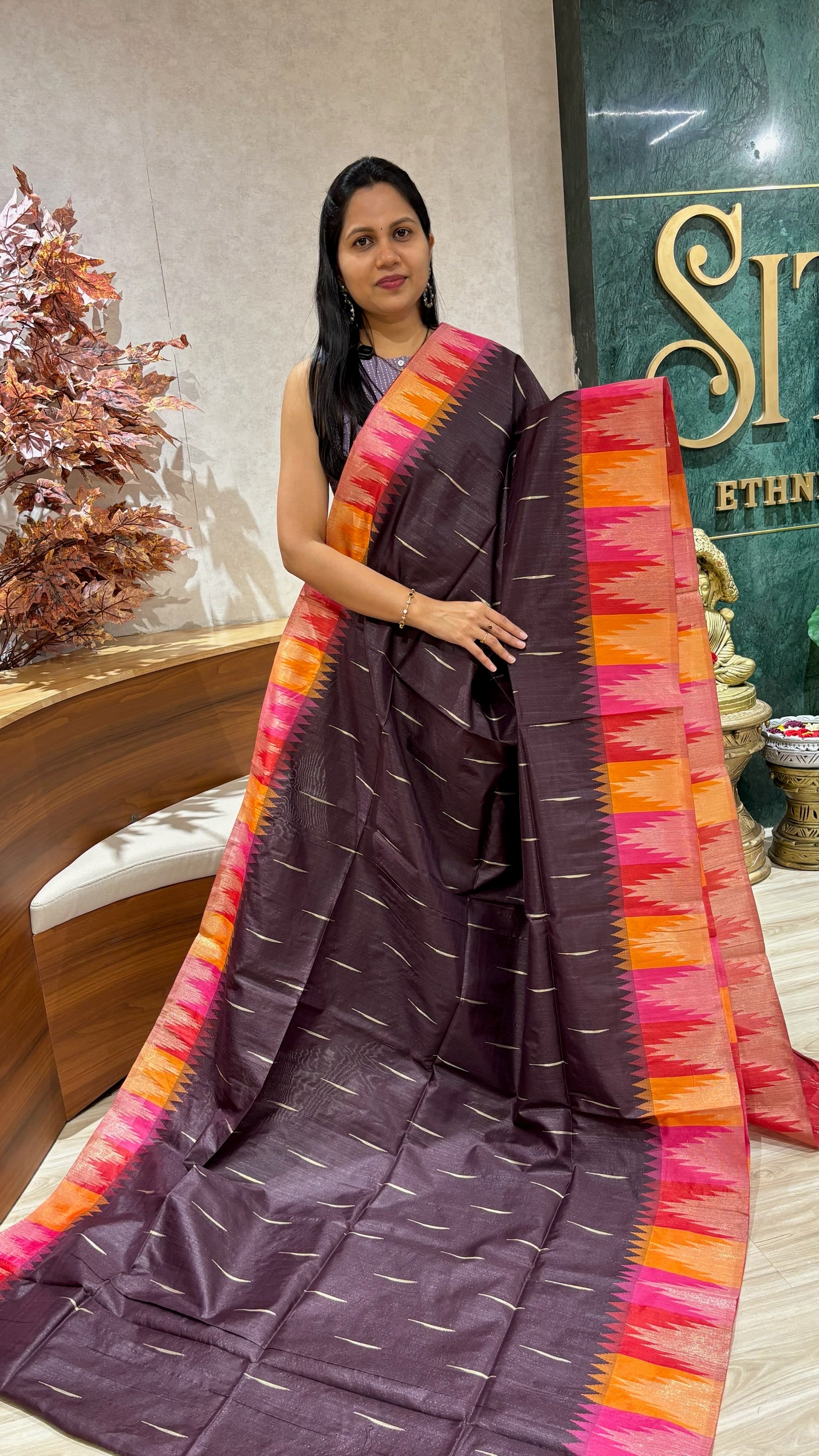 Fancy tussar temple border wine