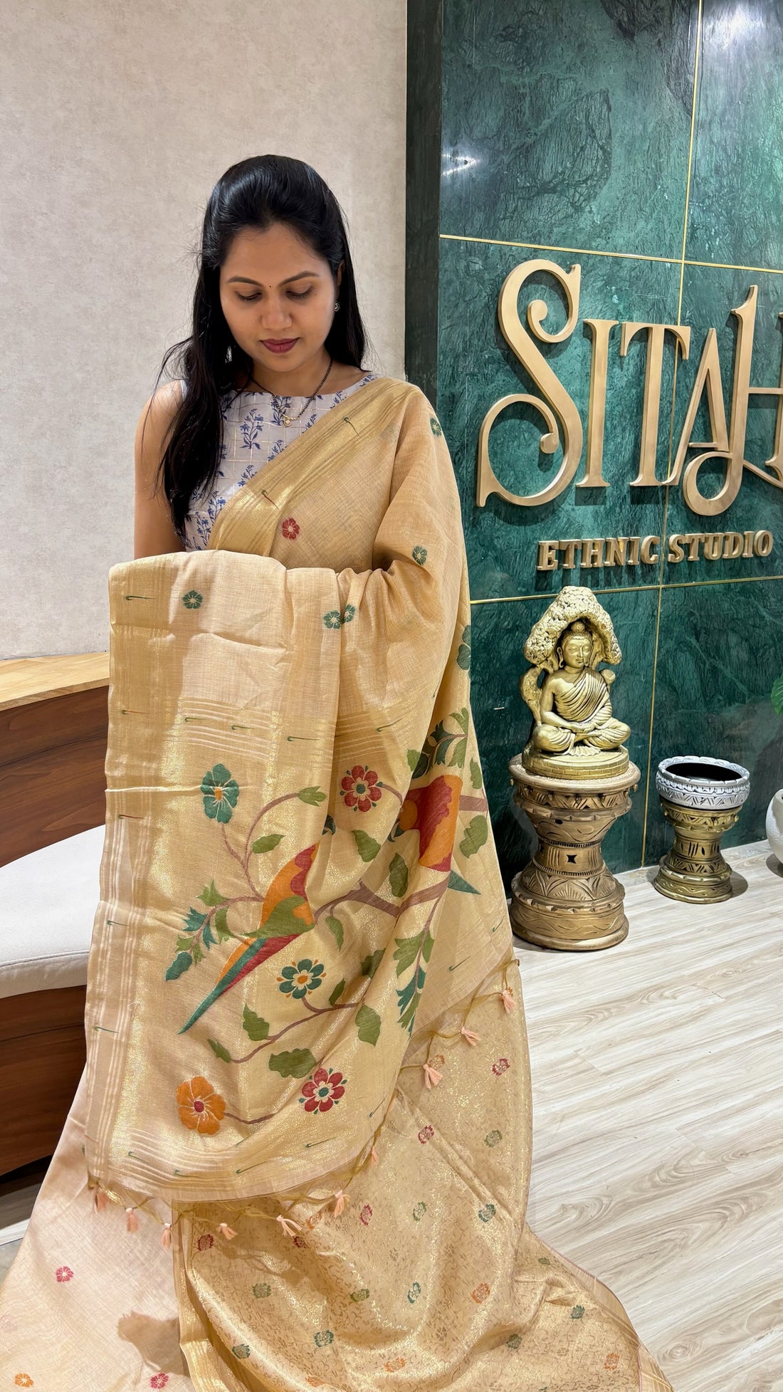 Munga cotton parrot pallu peach