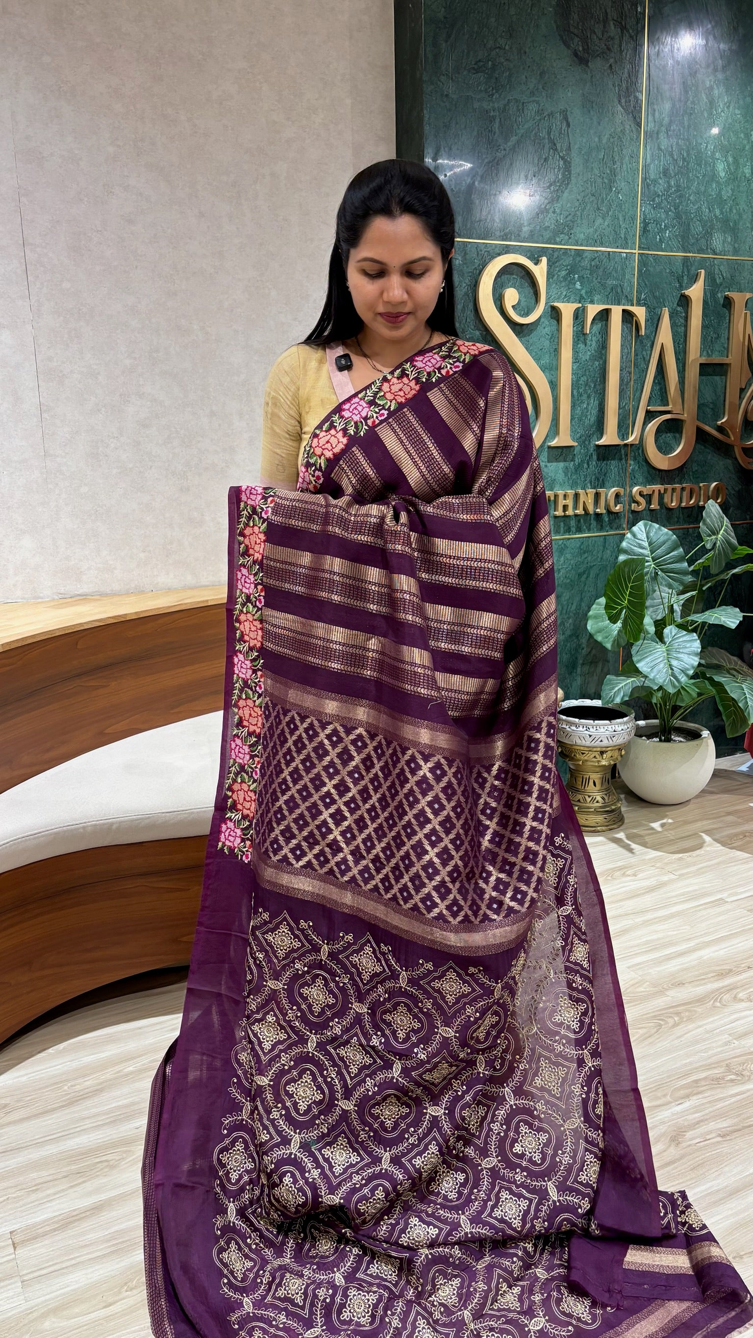 Border work saree wine