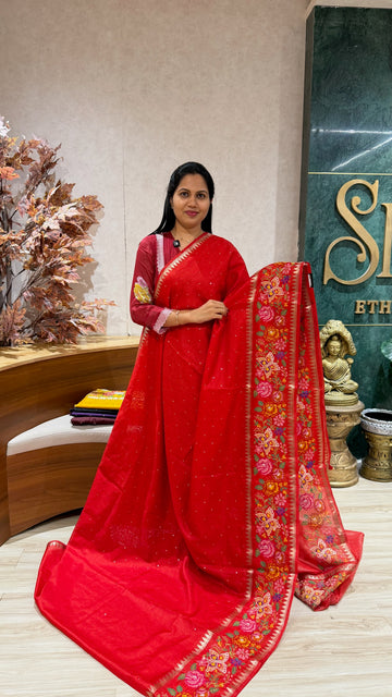 Tussar embroidery red