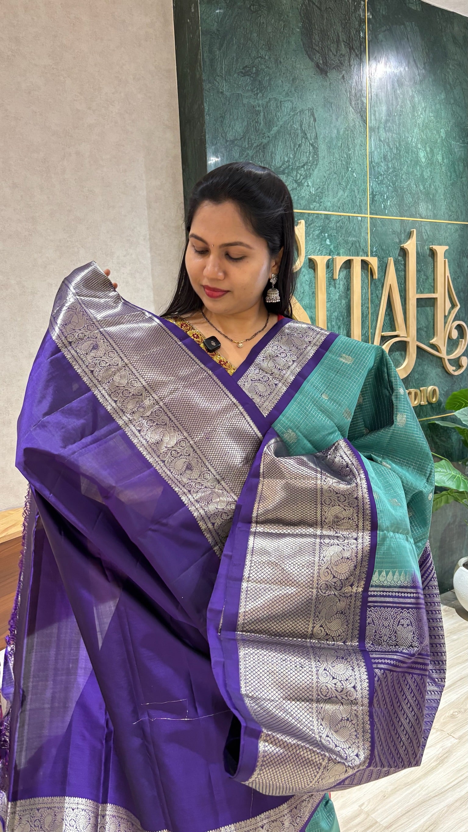 Kanchi pattu aquagreen-purple