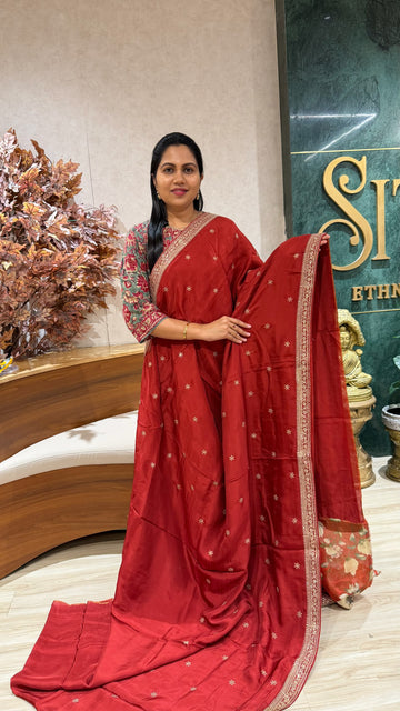 Chinnon crepe work saree red