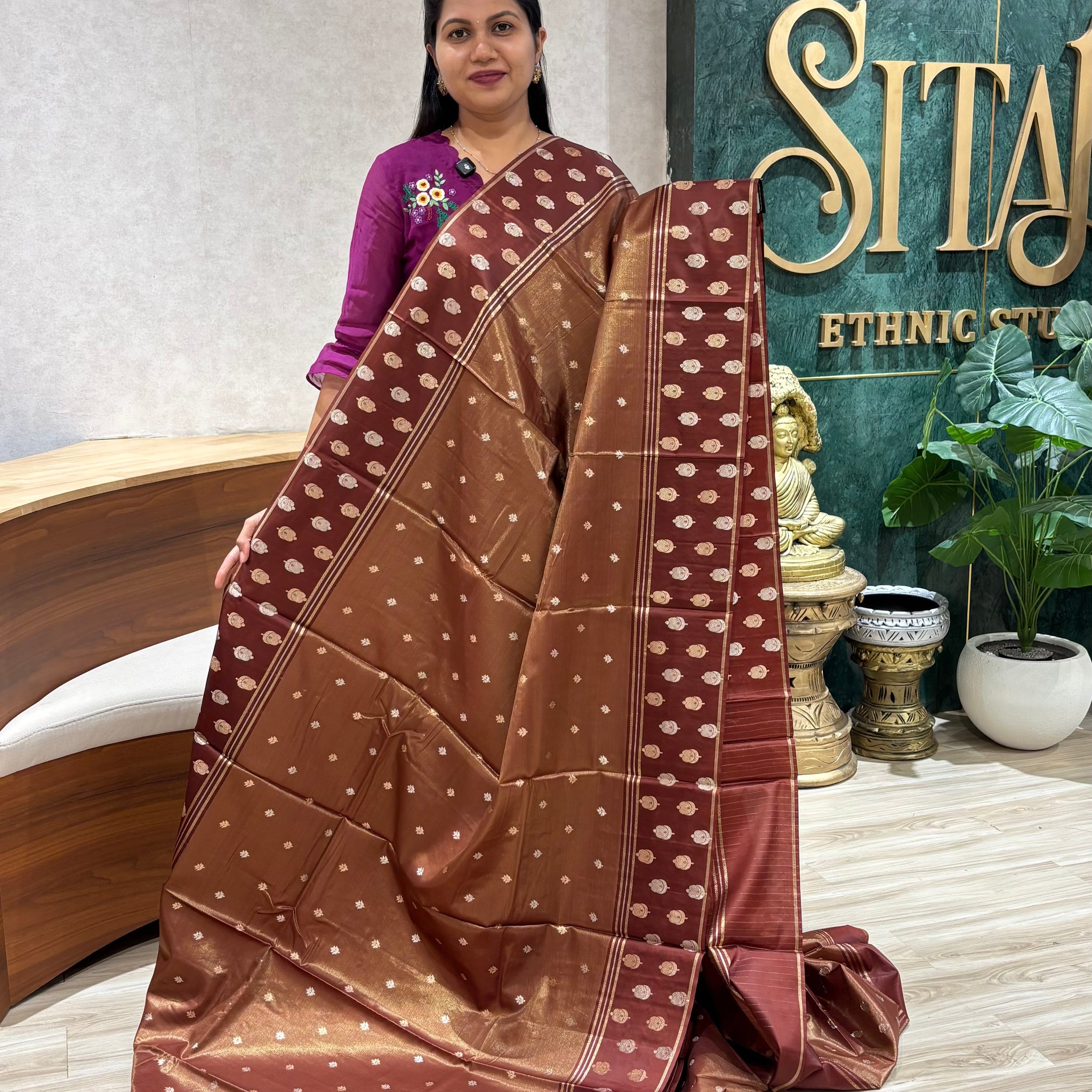 Tissue with mashru satin border earthy brown