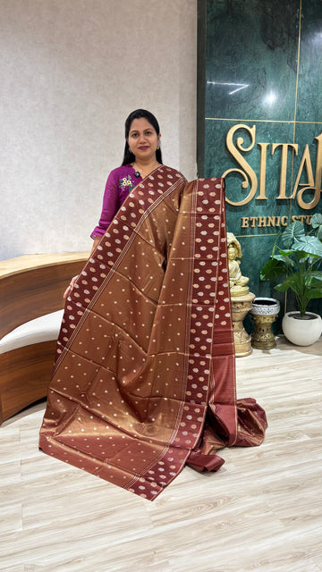 Tissue with mashru satin border earthy brown